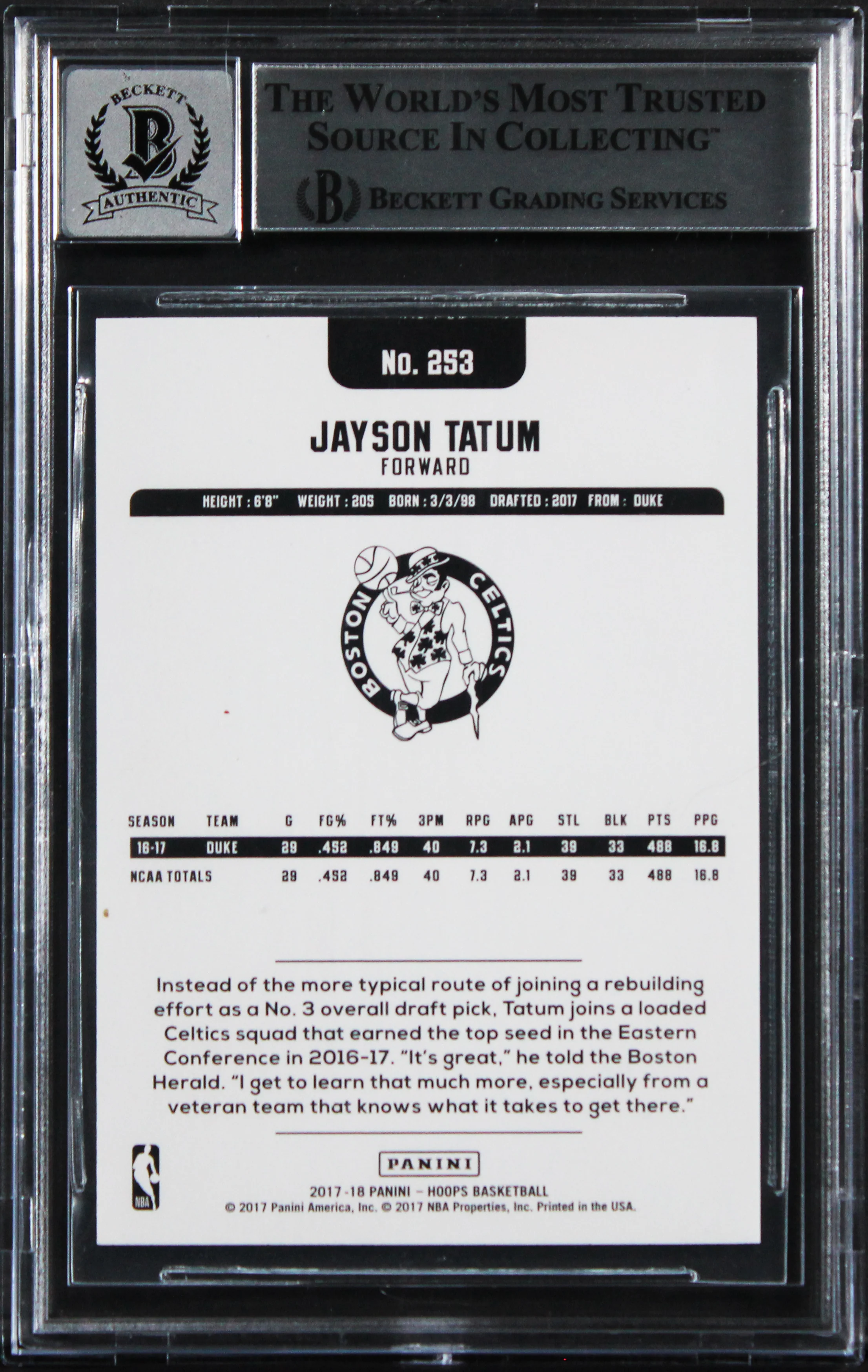 Celtics Jayson Tatum Signed 2017 Hoops Blue #253 RC Card Auto 10! BAS Slabbed - Image 3