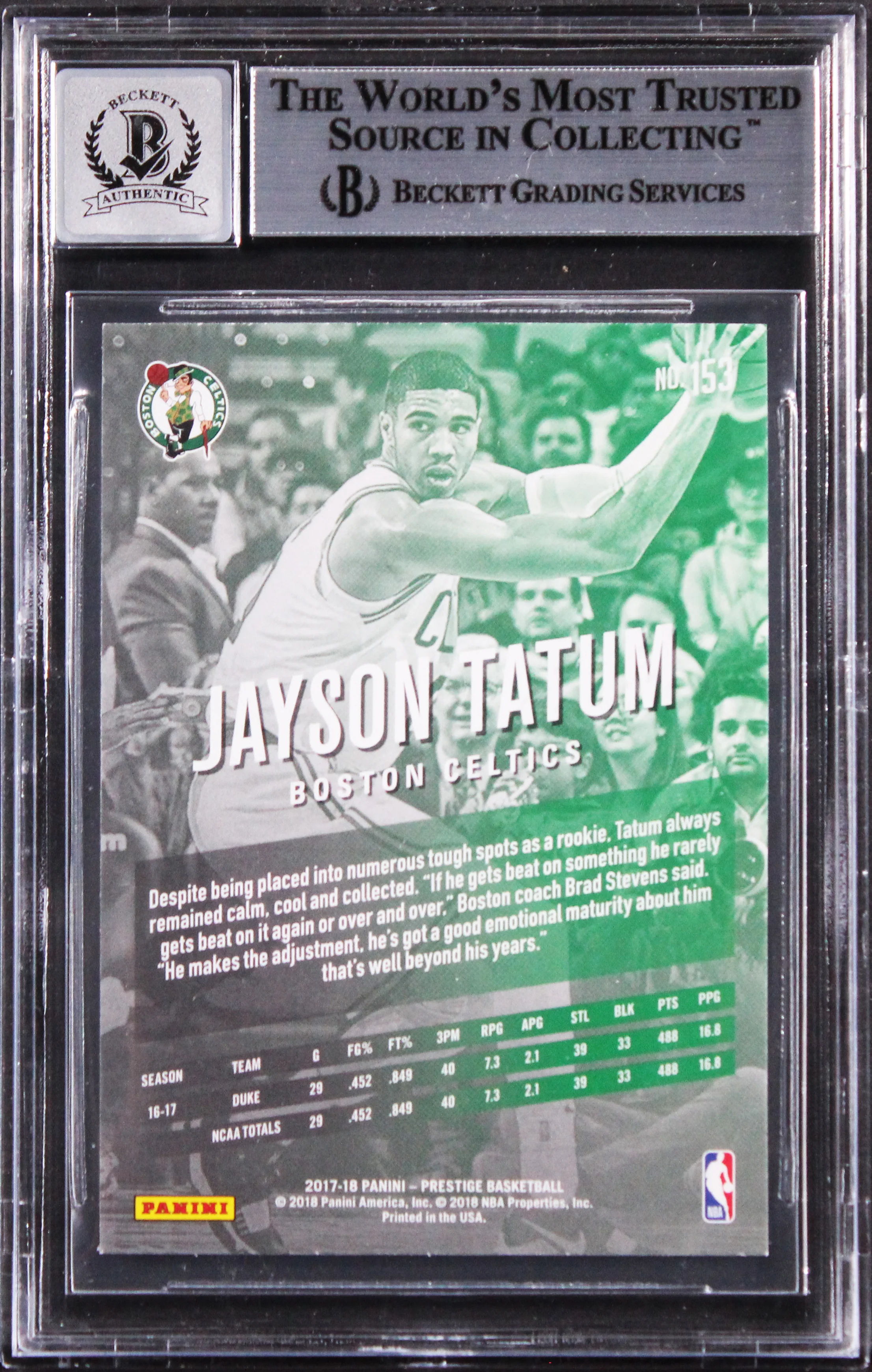 Celtics Jayson Tatum Signed 2017 Prestige #153 Rookie Card Auto 10! BAS Slabbed - Image 3