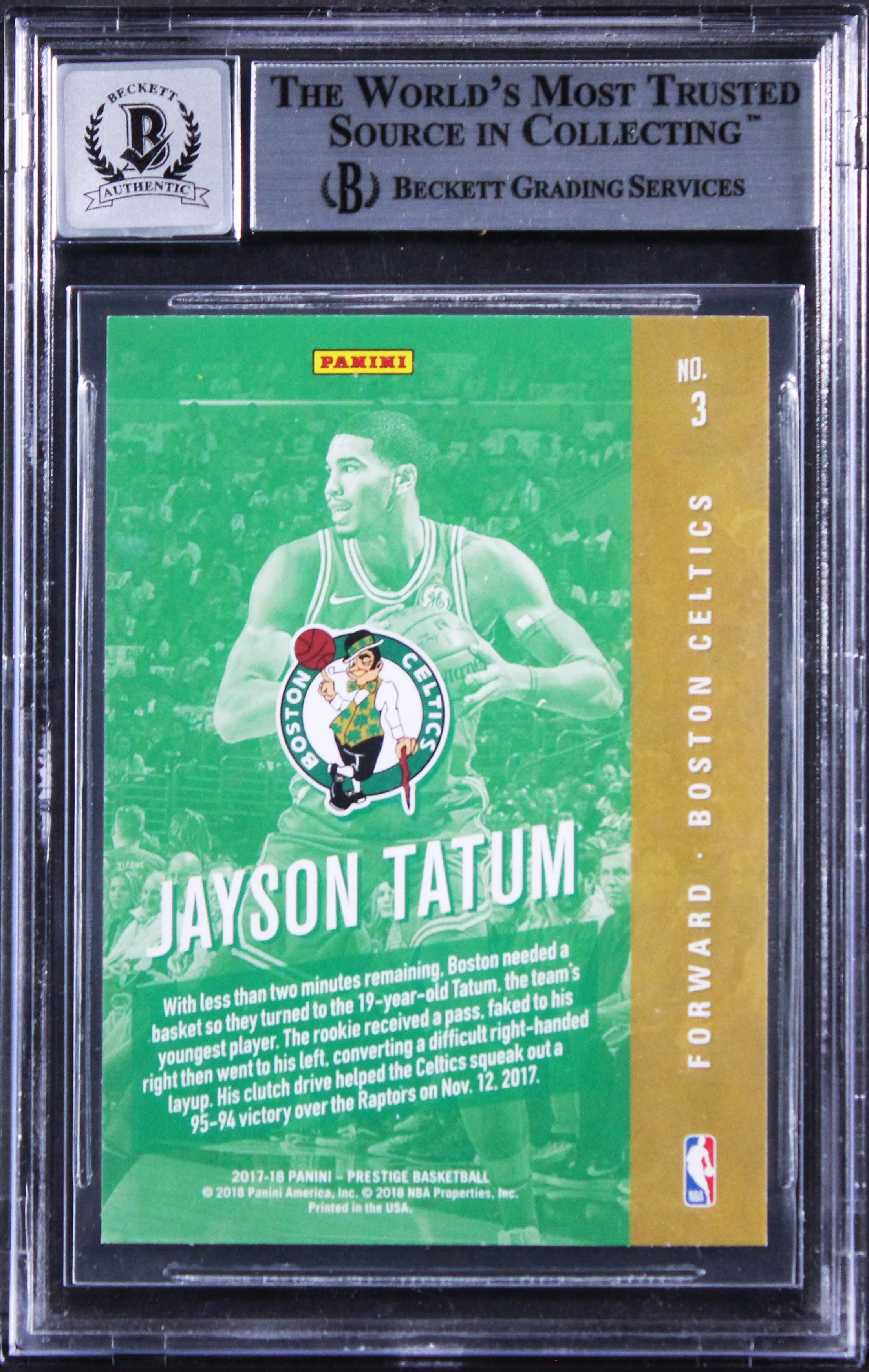 Celtics Jayson Tatum Signed 2017 Prestige #3 Rookie Card Auto 10! BAS Slabbed - Image 3