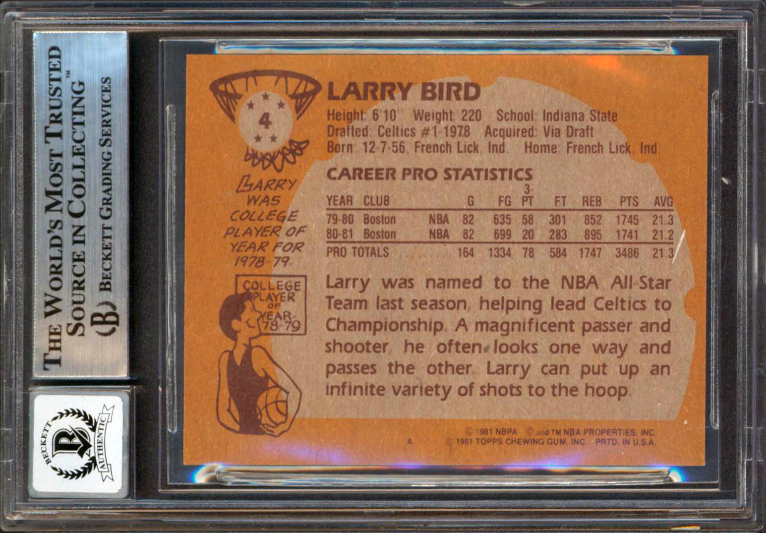 Celtics Larry Bird Authentic Signed 1981 Topps #4 Card Auto 10! BAS Slabbed - Image 3