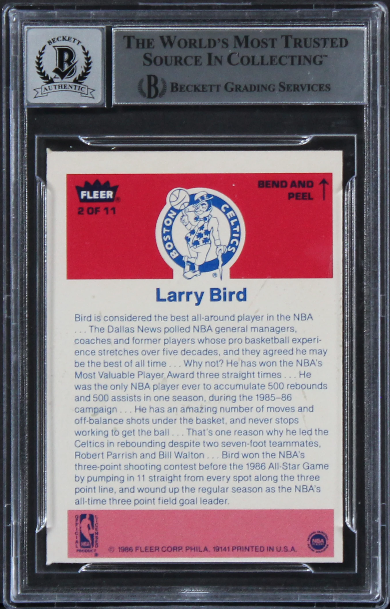 Celtics Larry Bird Signed 1986 Fleer Stickers #2 Card Auto 10! BAS Slabbed - Image 3
