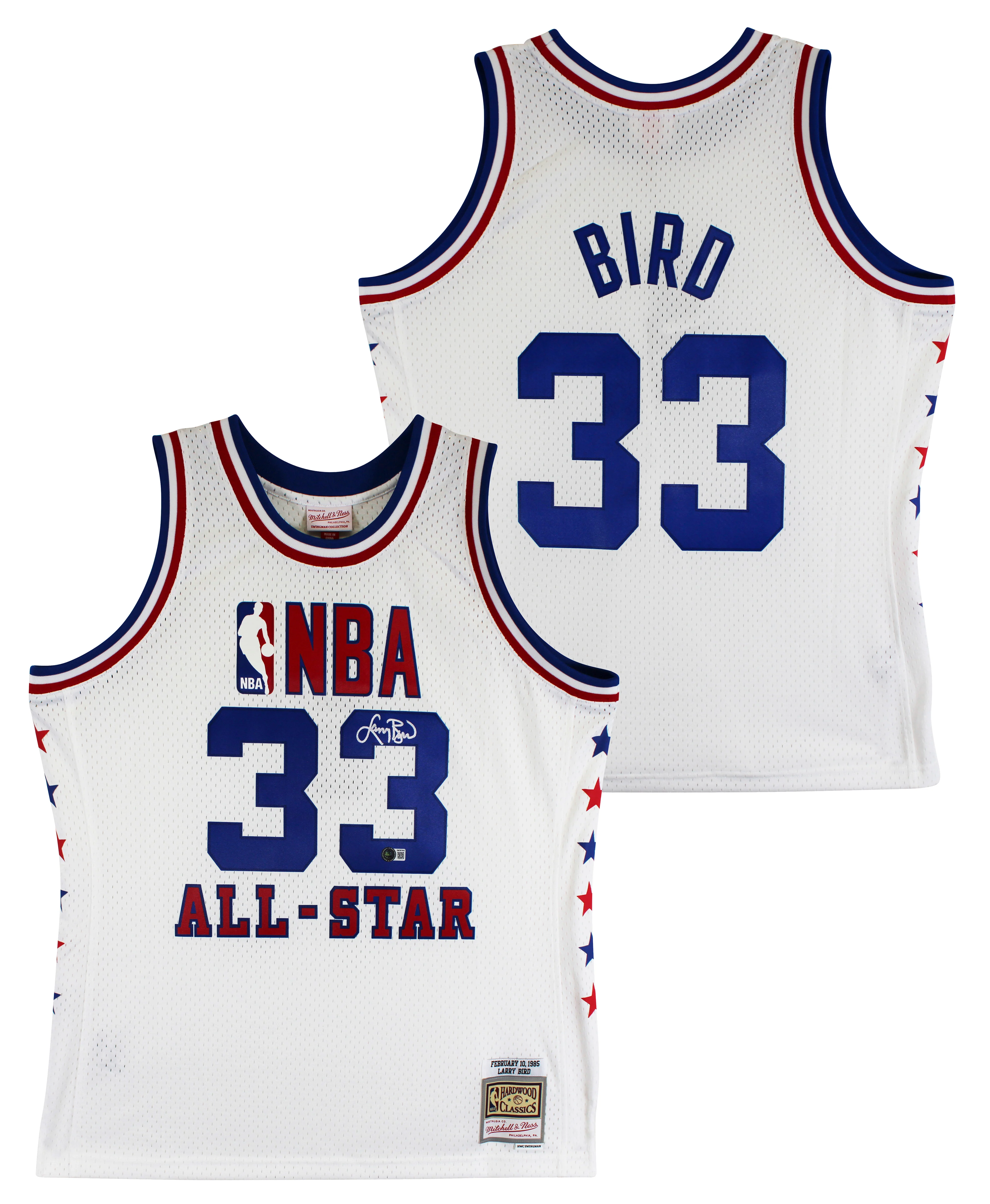 Celtics Larry Bird Signed 1986 White M&N All-Star Game Swingman Jersey BAS Wit