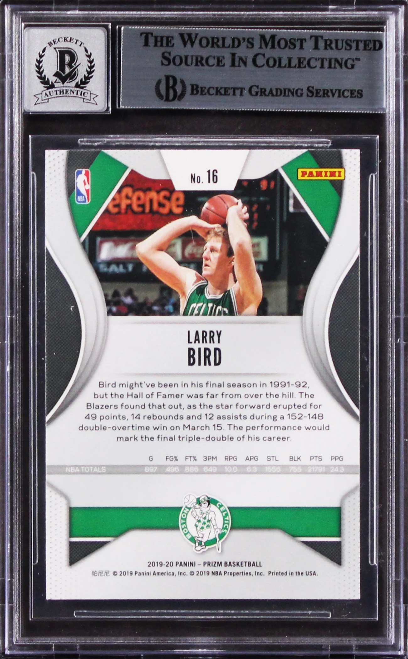 Celtics Larry Bird Signed 2019 Panini Prizm #16 Card Auto 10! BAS Slabbed - Image 3