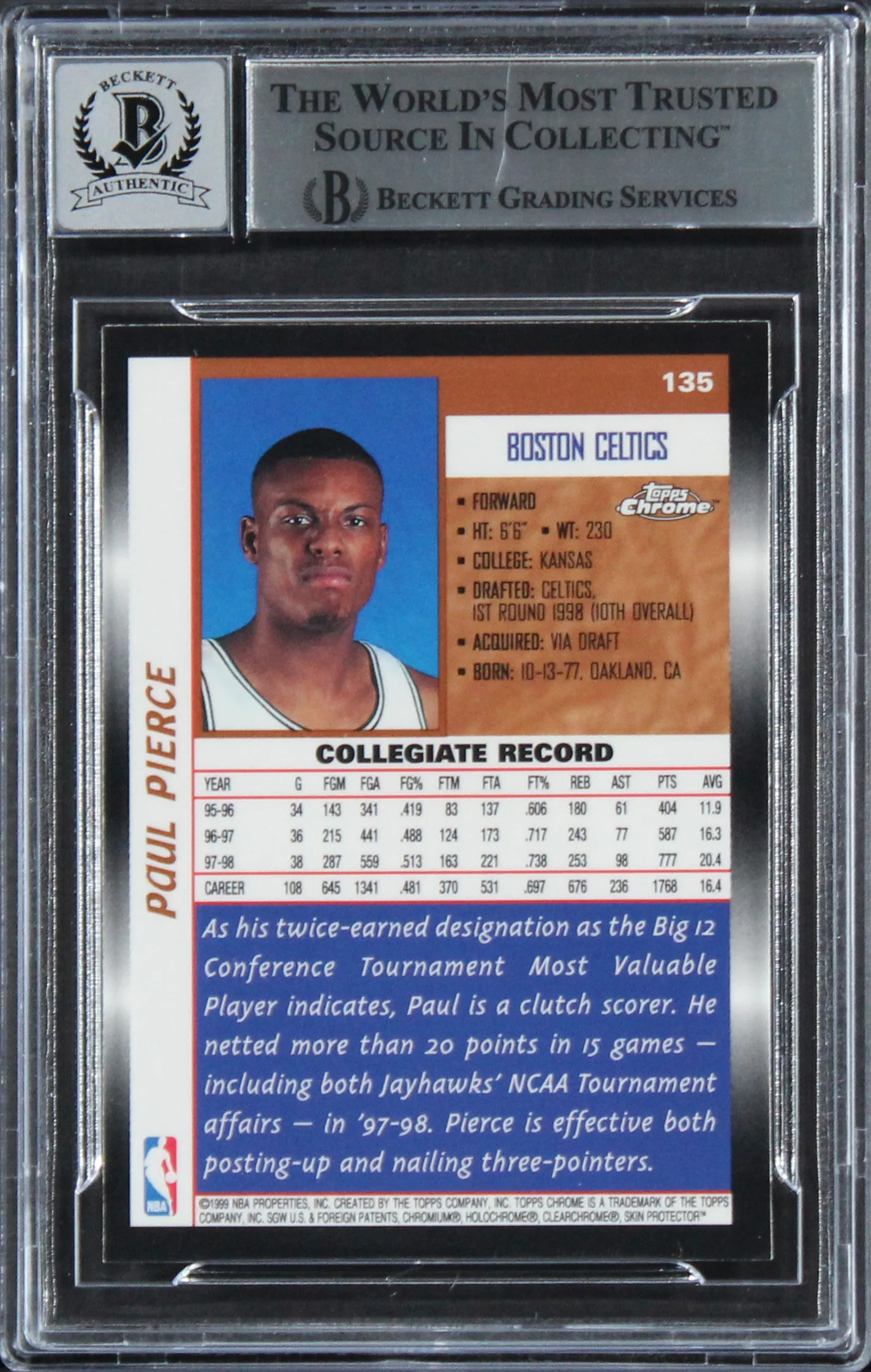 Celtics Paul Pierce Signed 1998 Topps Chrome #135 Rookie Card Auto 10! BAS Slab - Image 3