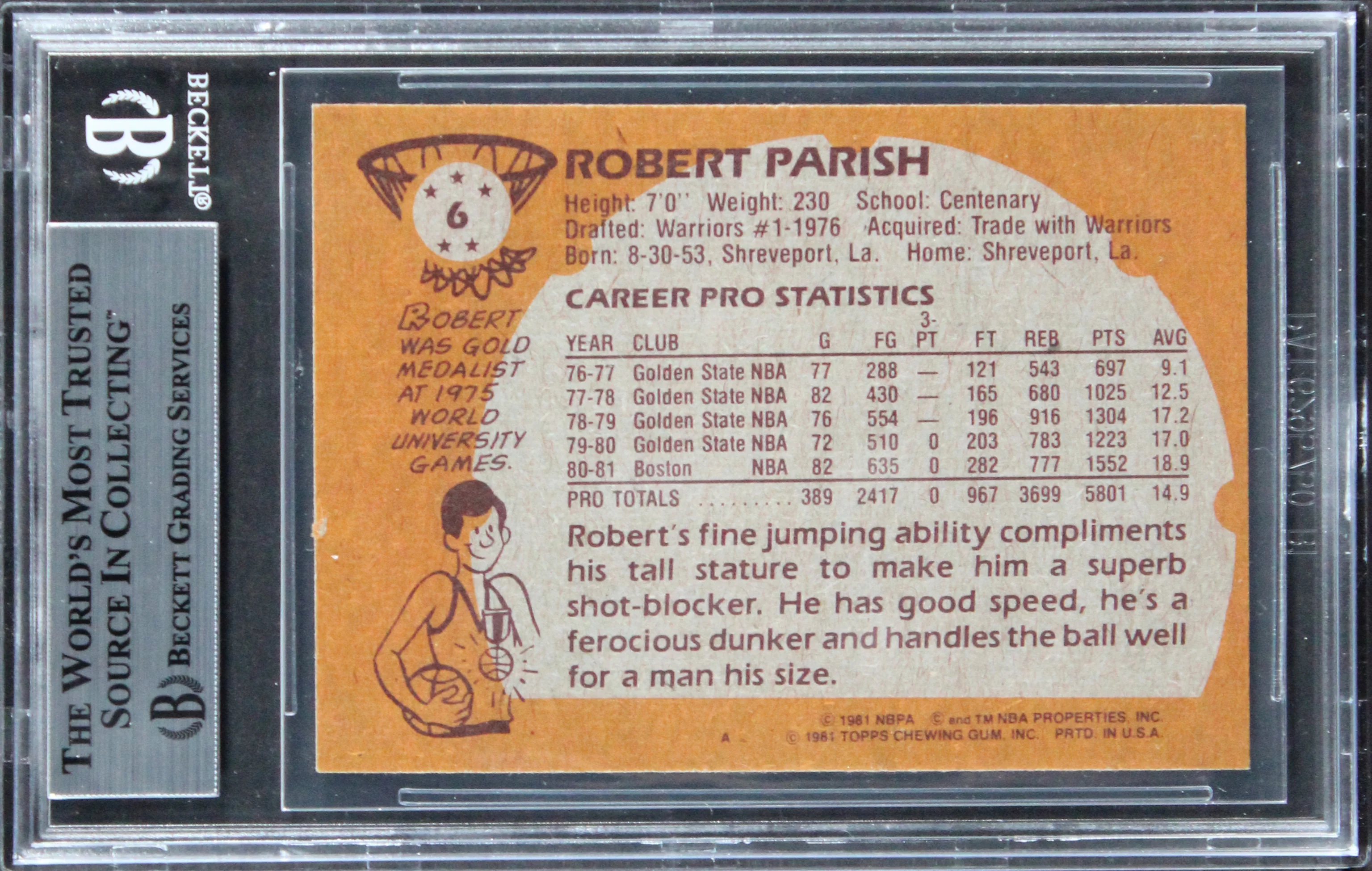 Celtics Robert Parish Authentic 1981 Topps #5 Card Autographed BAS Slabbed - Image 3