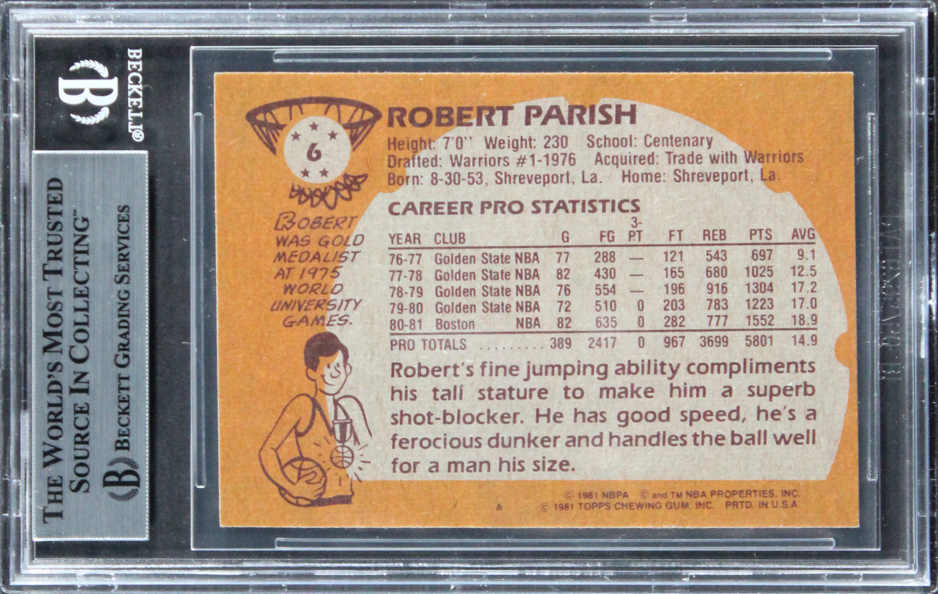 Celtics Robert Parish Authentic 1981 Topps #6 Card Autographed BAS Slabbed - Image 3