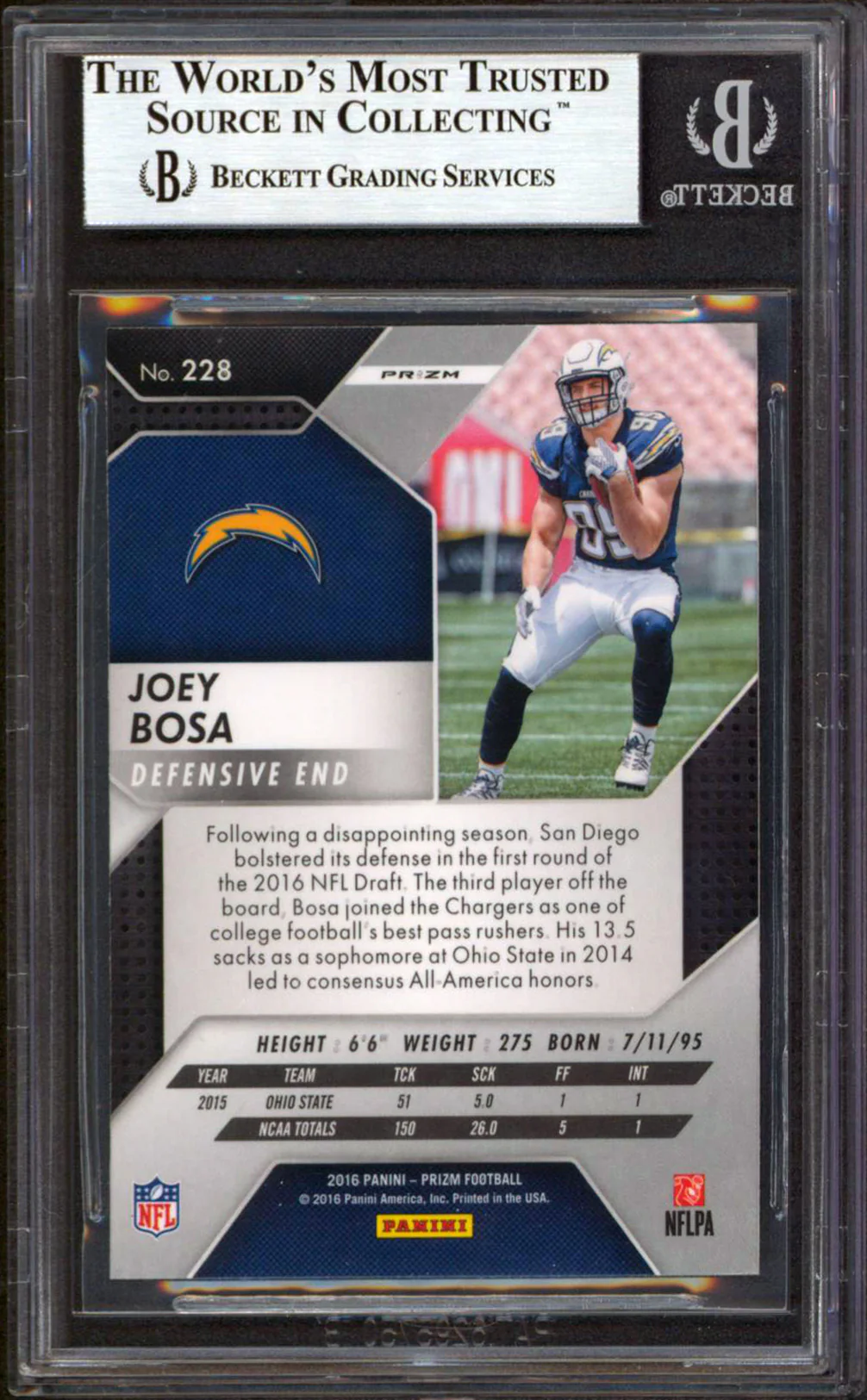 Chargers Joey Bosa Authentic Signed 2016 Panini Prizm #228 RC Card BAS Slabbed 2 - Image 3