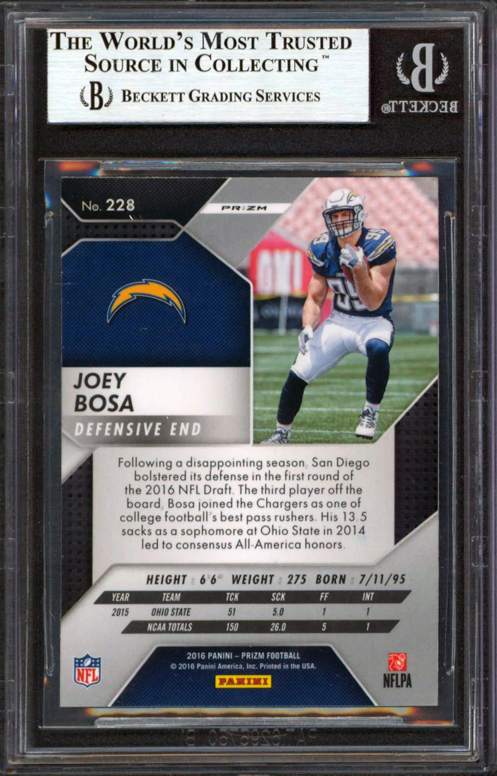 Chargers Joey Bosa Authentic Signed 2016 Panini Prizm #228 RC Card BAS Slabbed - Image 3