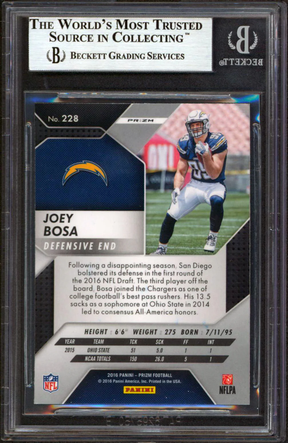 Chargers Joey Bosa Authentic Signed 2016 Panini Prizm #228 RC Card BAS Slabbed 6 - Image 3