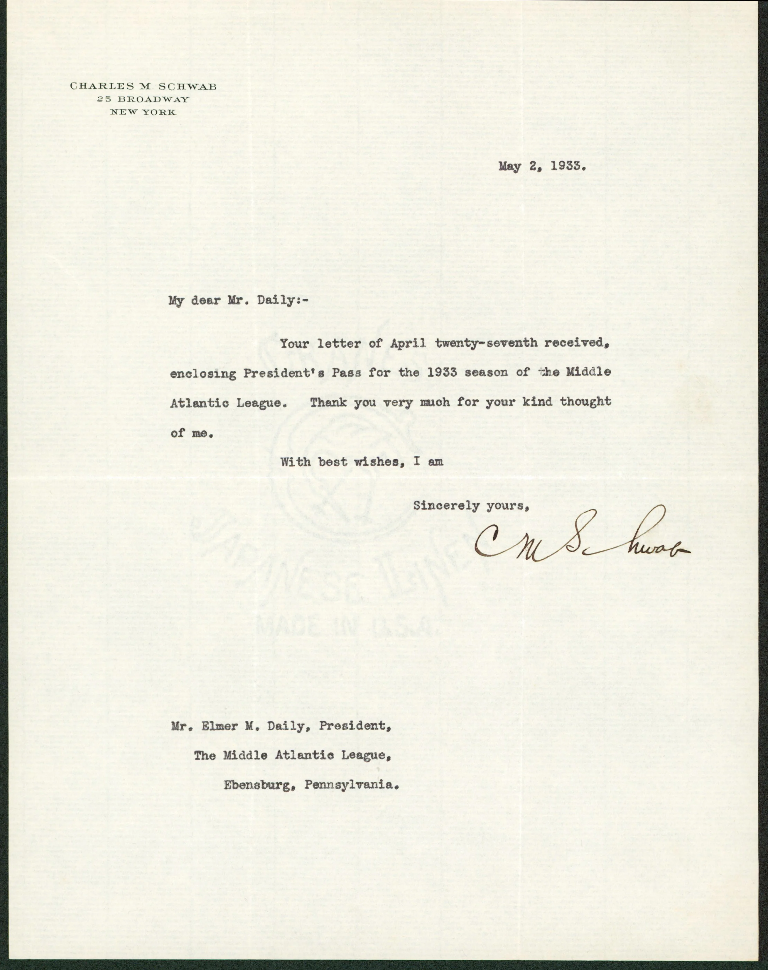 Charles Schwab Authentic Signed 8.5x11 Letter Dated May 2, 1933 BAS #AB76490 - Image 2