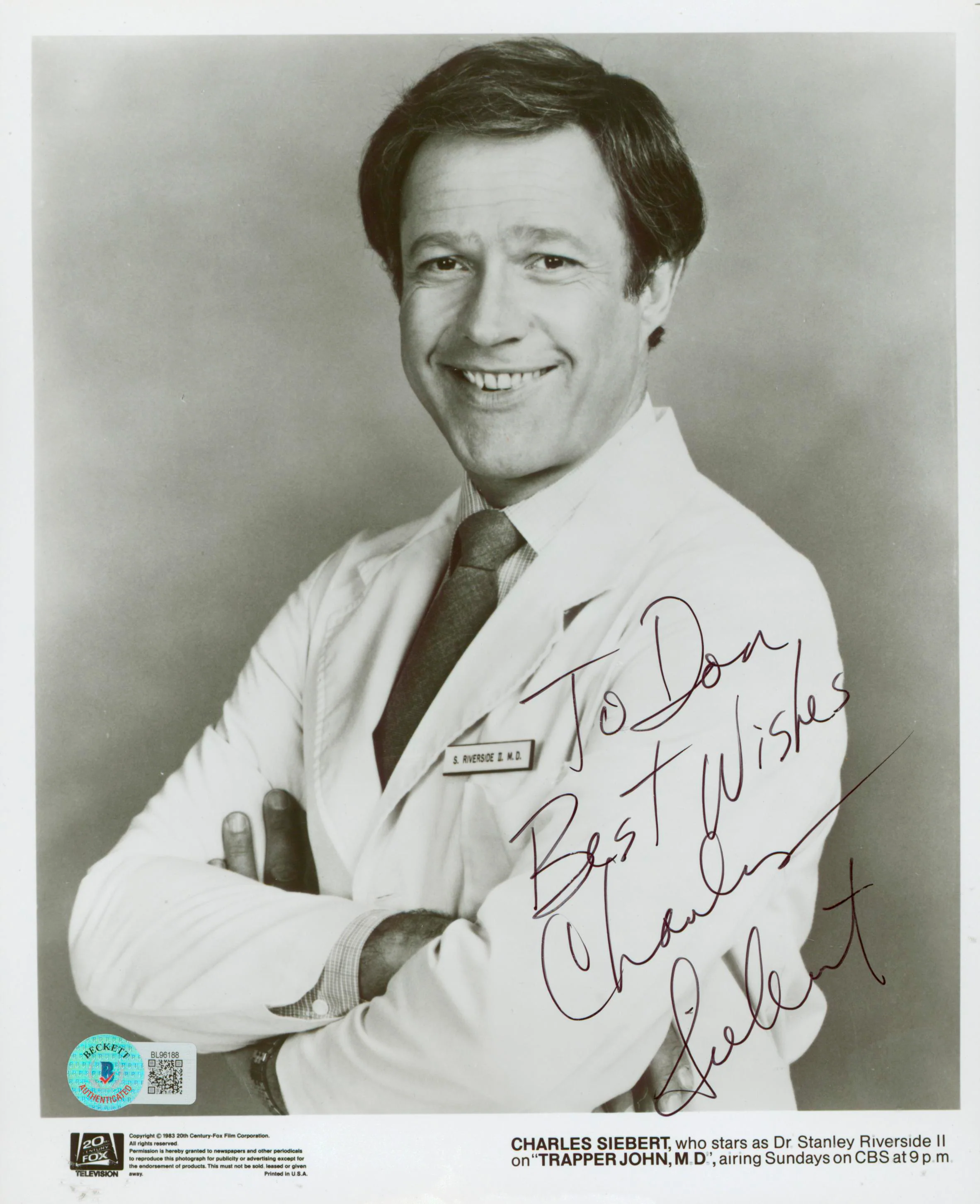Charles Siebert Trapper John, M.D. "Best Wishes" Signed 8x10 Photo BAS #BL96188 - Image 2