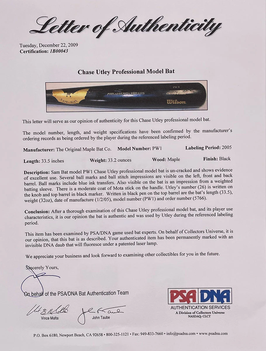 Chase Utley 2005 Season Philadelphia Phillies Game Used Sam Bat Baseball Bat PSA - Image 6