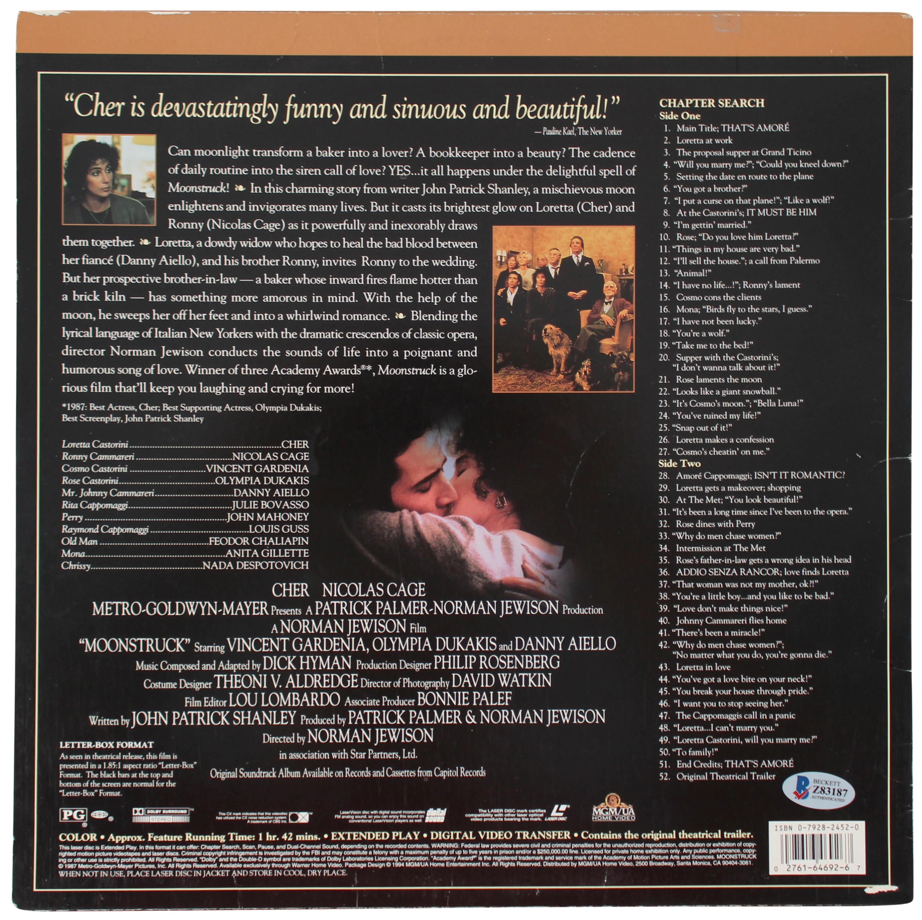 Cher Moonstruck Authentic Signed Soundtrack Laserdisc Cover w/o Disk BAS #Z83187 - Image 6