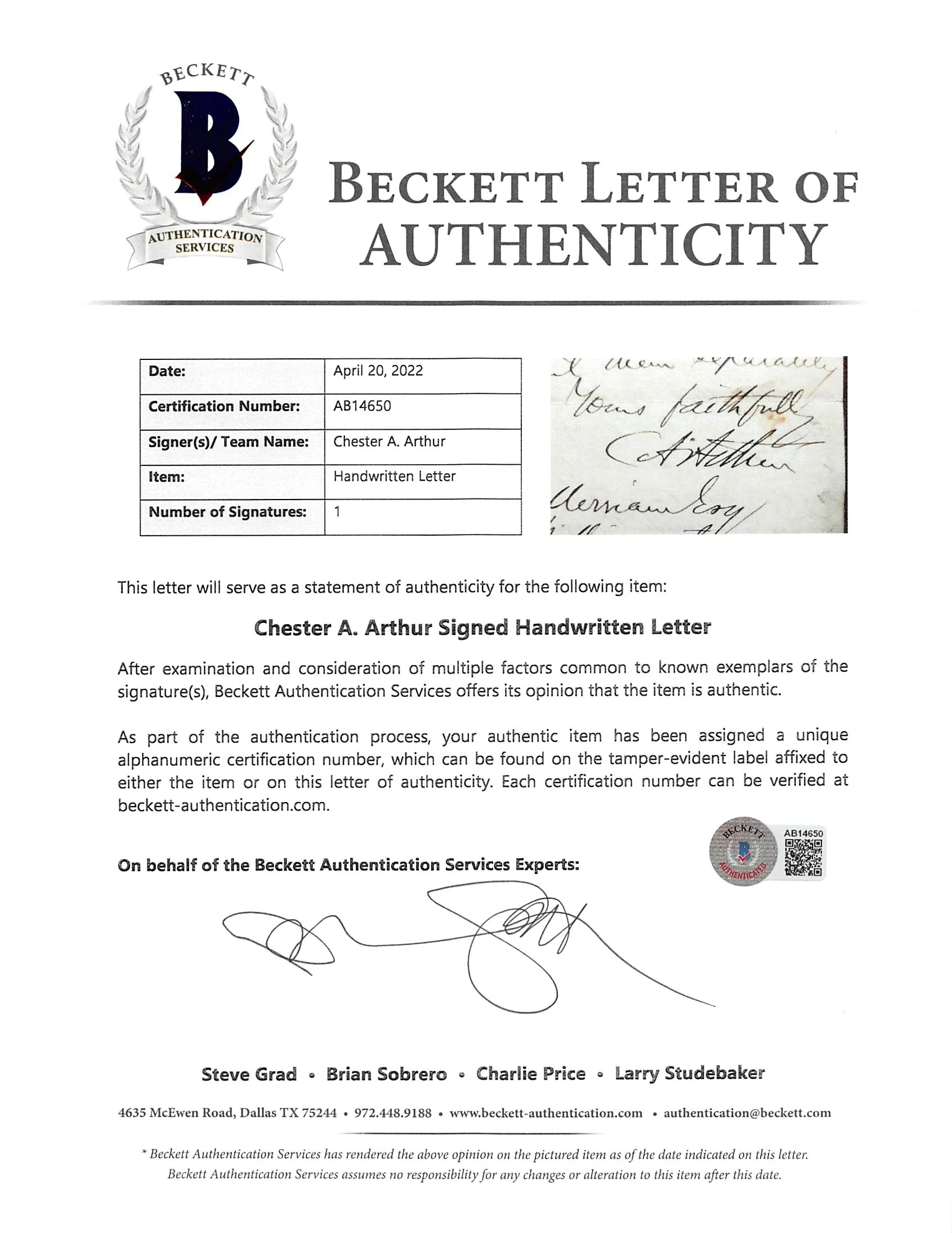 Chester A. Arthur Signed & Matted 5.5x8.25 1862 Handwritten Letter BAS #AB14650 - Image 5