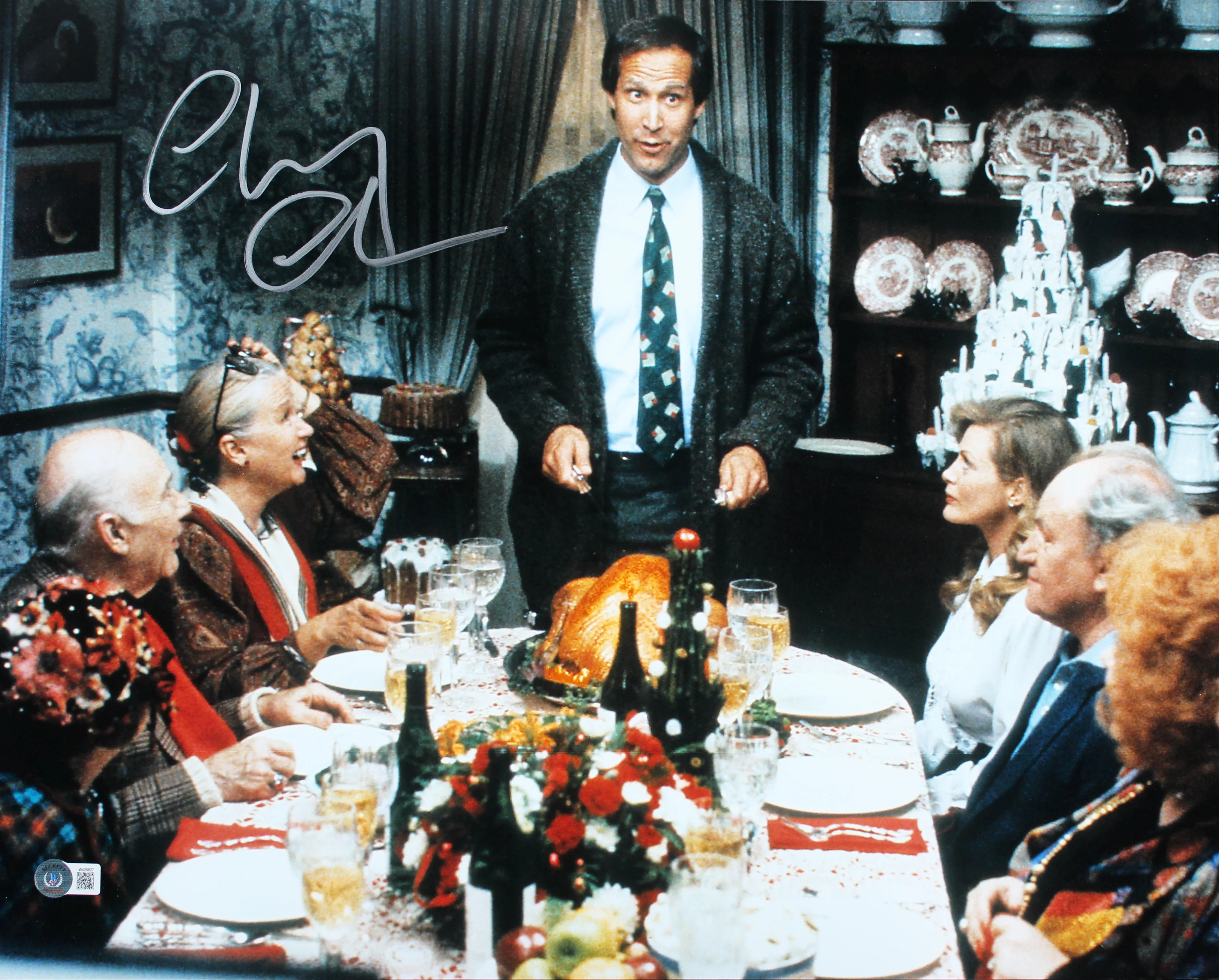 Chevy Chase Christmas Vacation Signed 16x20 Dinner Photo w/ Silver Sig BAS Wit - Image 2