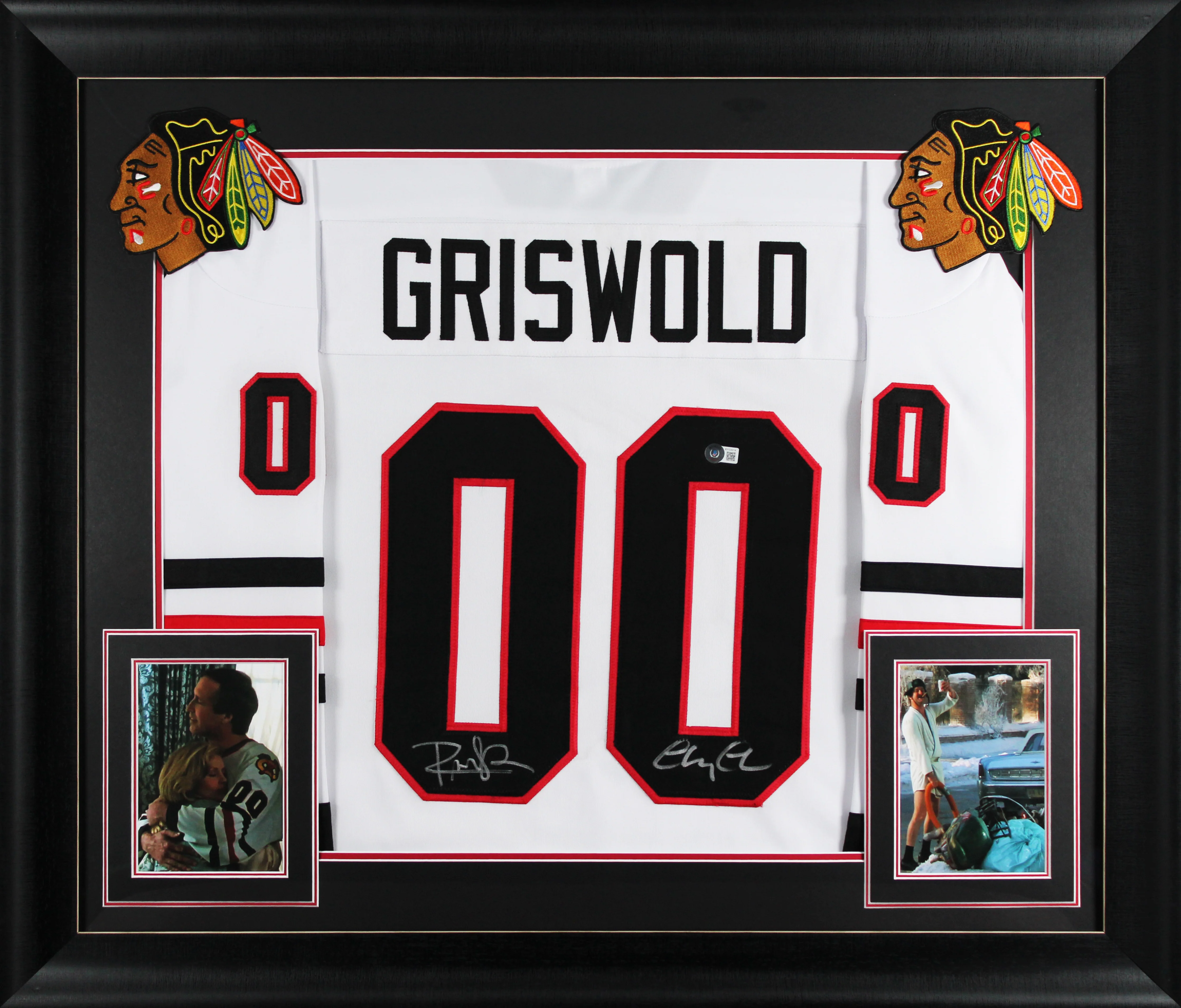 Chevy Chase & Randy Quaid Christmas Vacation Signed White Framed Jersey BAS Wit - Image 2