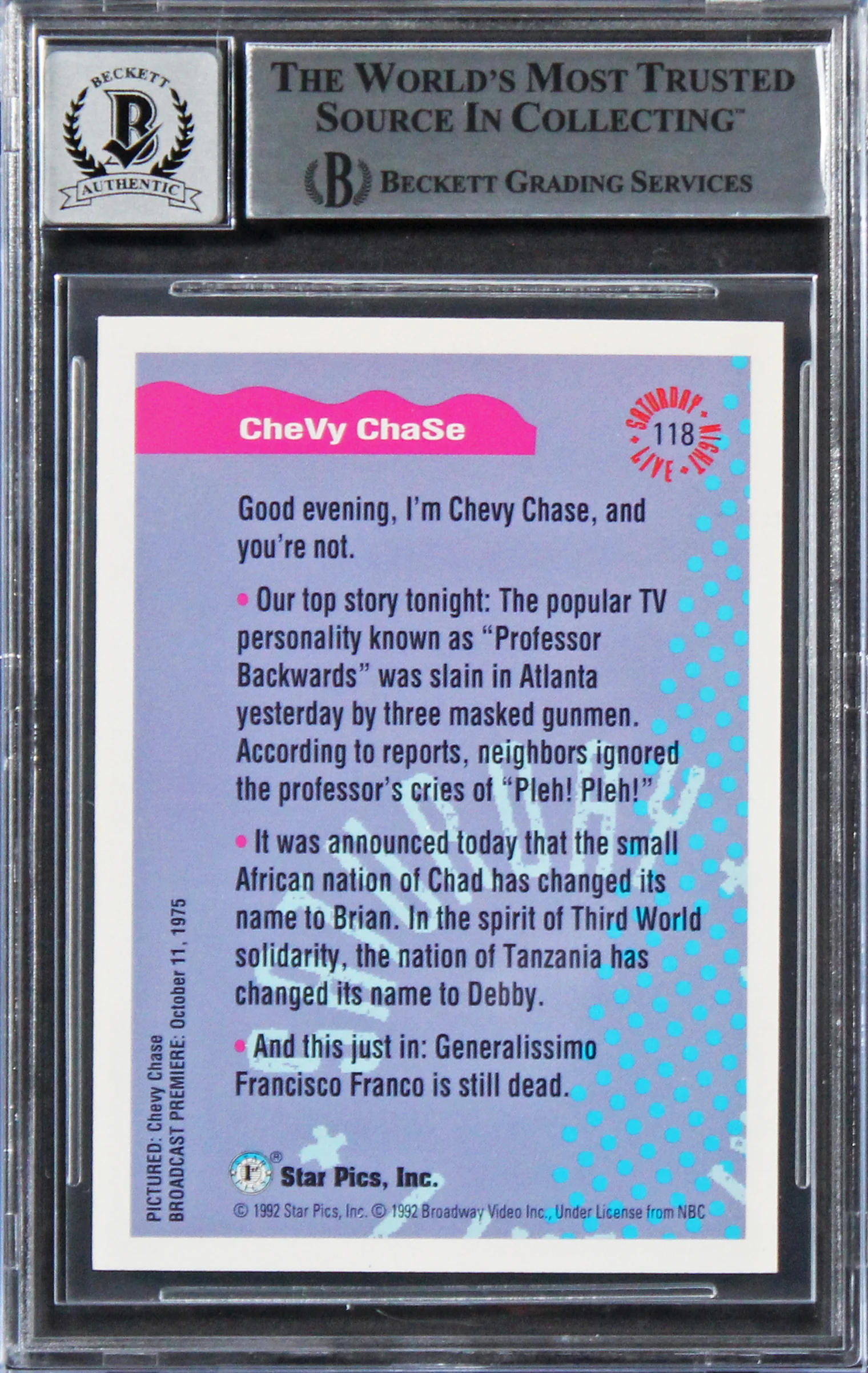 Chevy Chase Signed 1992 Star Pics Saturday Night Live #118 Card Auto 10 BAS Slab - Image 3