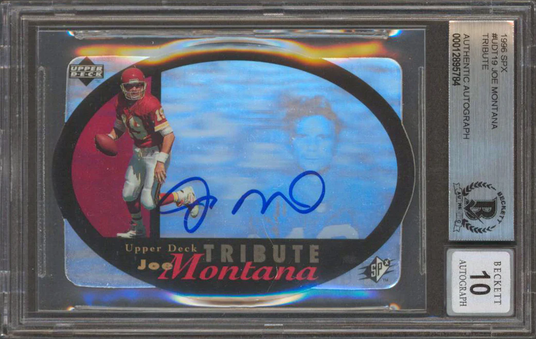 Chiefs Joe Montana Signed 1996 SPX #UDT19 Tribute Card Auto 10! BAS Slabbed - Image 2