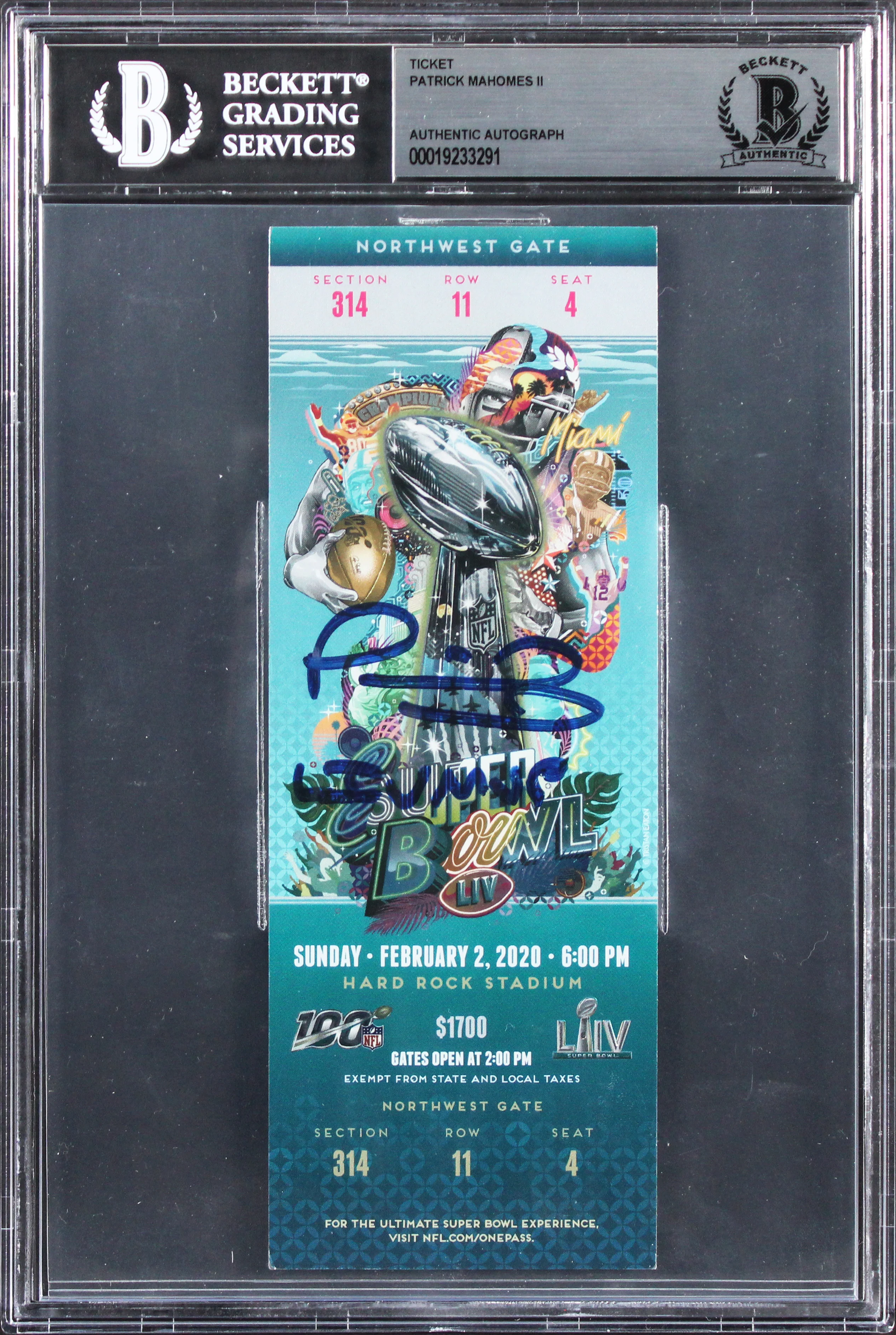 Chiefs Patrick Mahomes "LIV MVP" Signed Super Bowl LIV Full Ticket Stub BAS Slab - Image 2