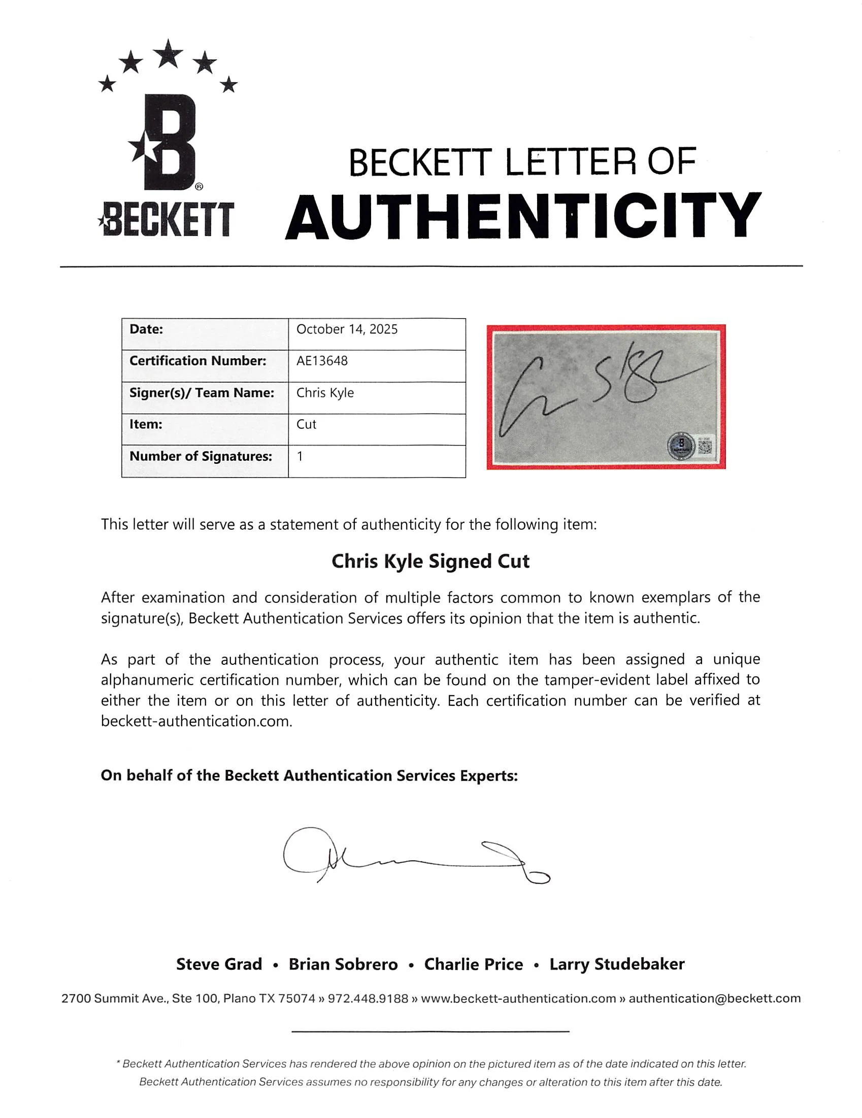 Chris Kyle Authentic Signed & Framed Cut Signature Autographed BAS #AE13648 - Image 4