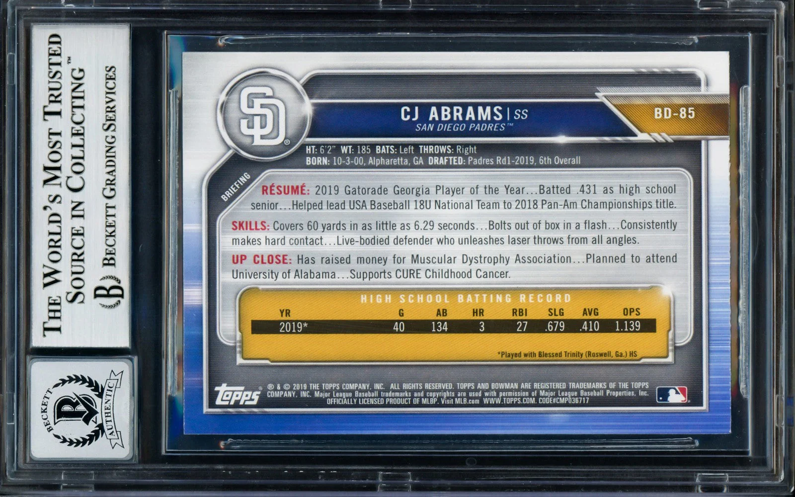 CJ Abrams Signed 2019 Bowman Draft #BD85 Padres Rookie Card BAS Auto 10 - Image 2