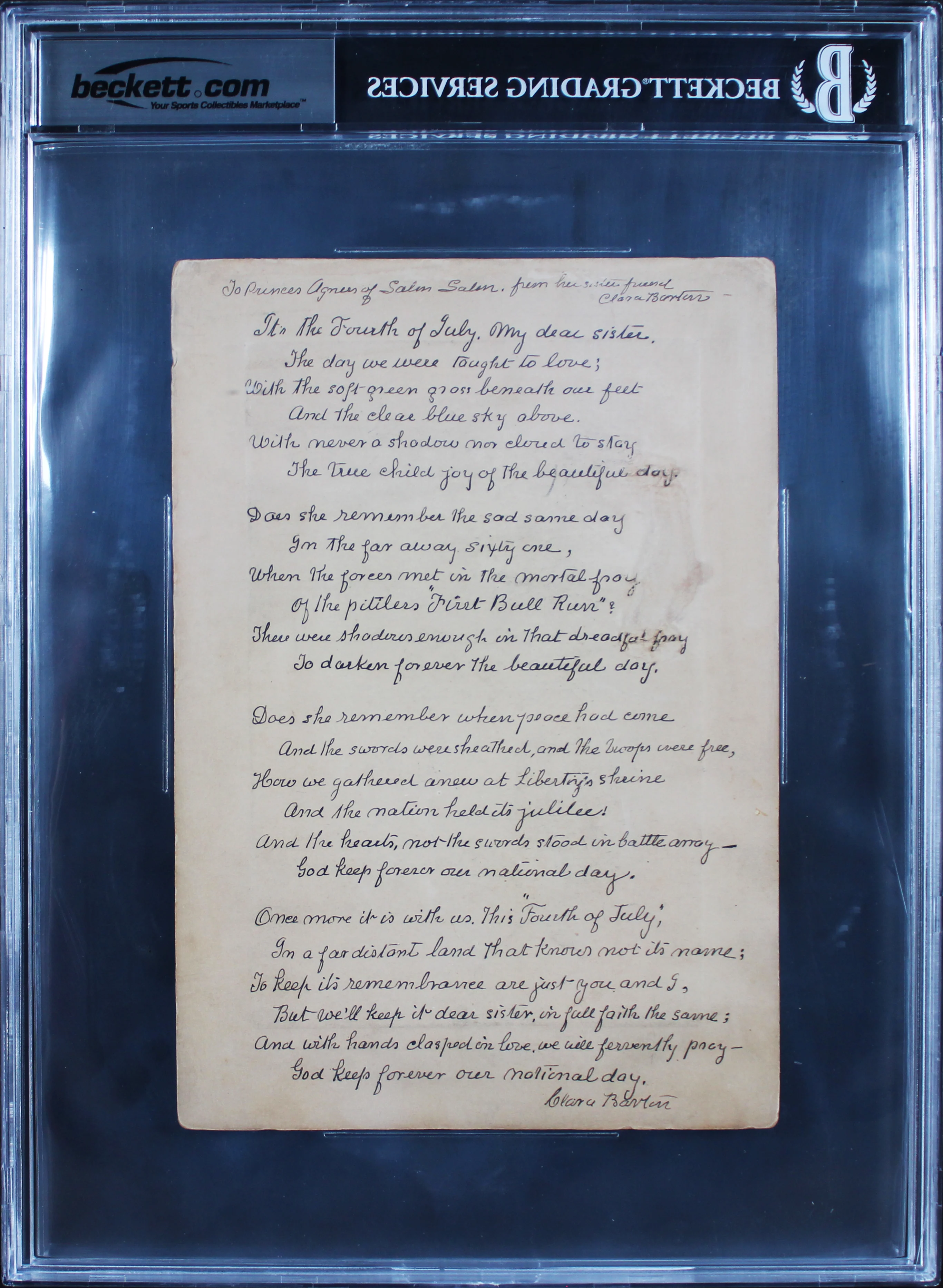 Clara Barton 2x Signed 6x8.75 1902 Boudoir Photo w Handwritten Poem BAS Slabbed - Image 4