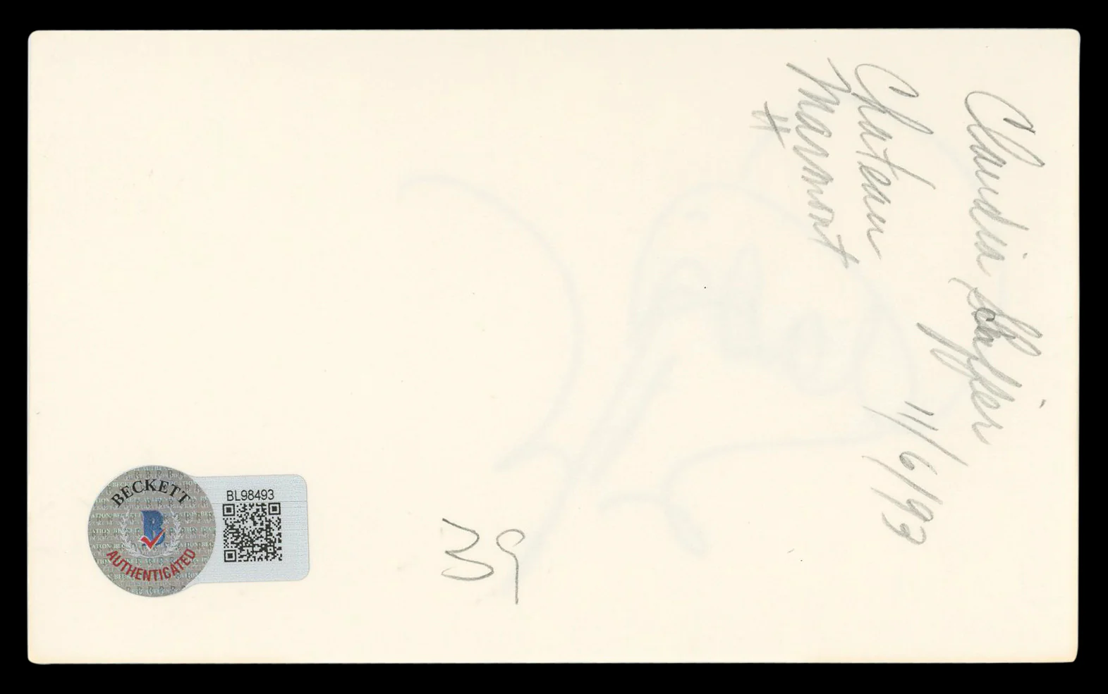 Claudia Schiffer Love Actually Authentic Signed 3x5 Index Card BAS #BL98493 - Image 3