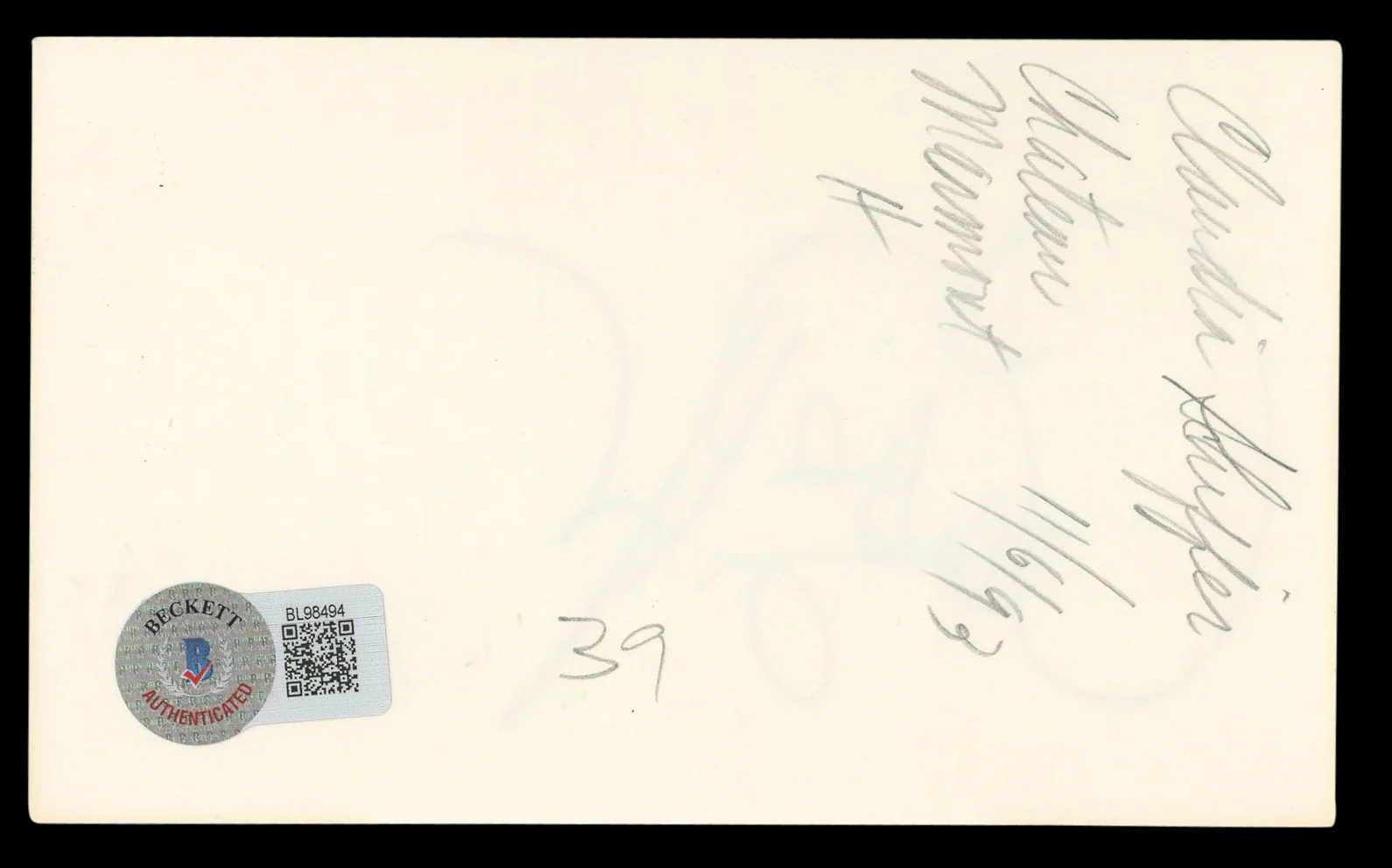 Claudia Schiffer Love Actually Authentic Signed 3x5 Index Card BAS #BL98494 - Image 3