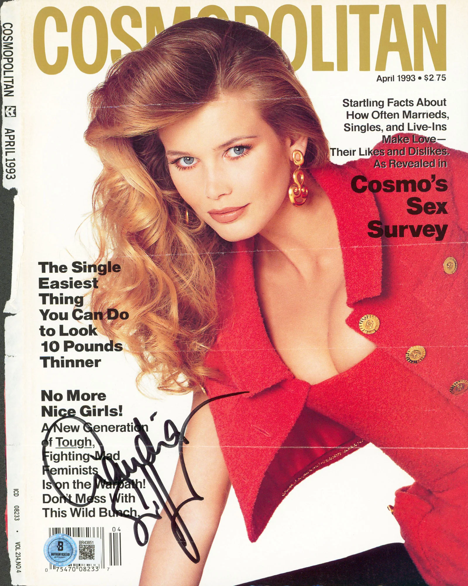 Claudia Schiffer Signed Cosmopolitan Magazine Cover April 1993 BAS #BR43851 - Image 2