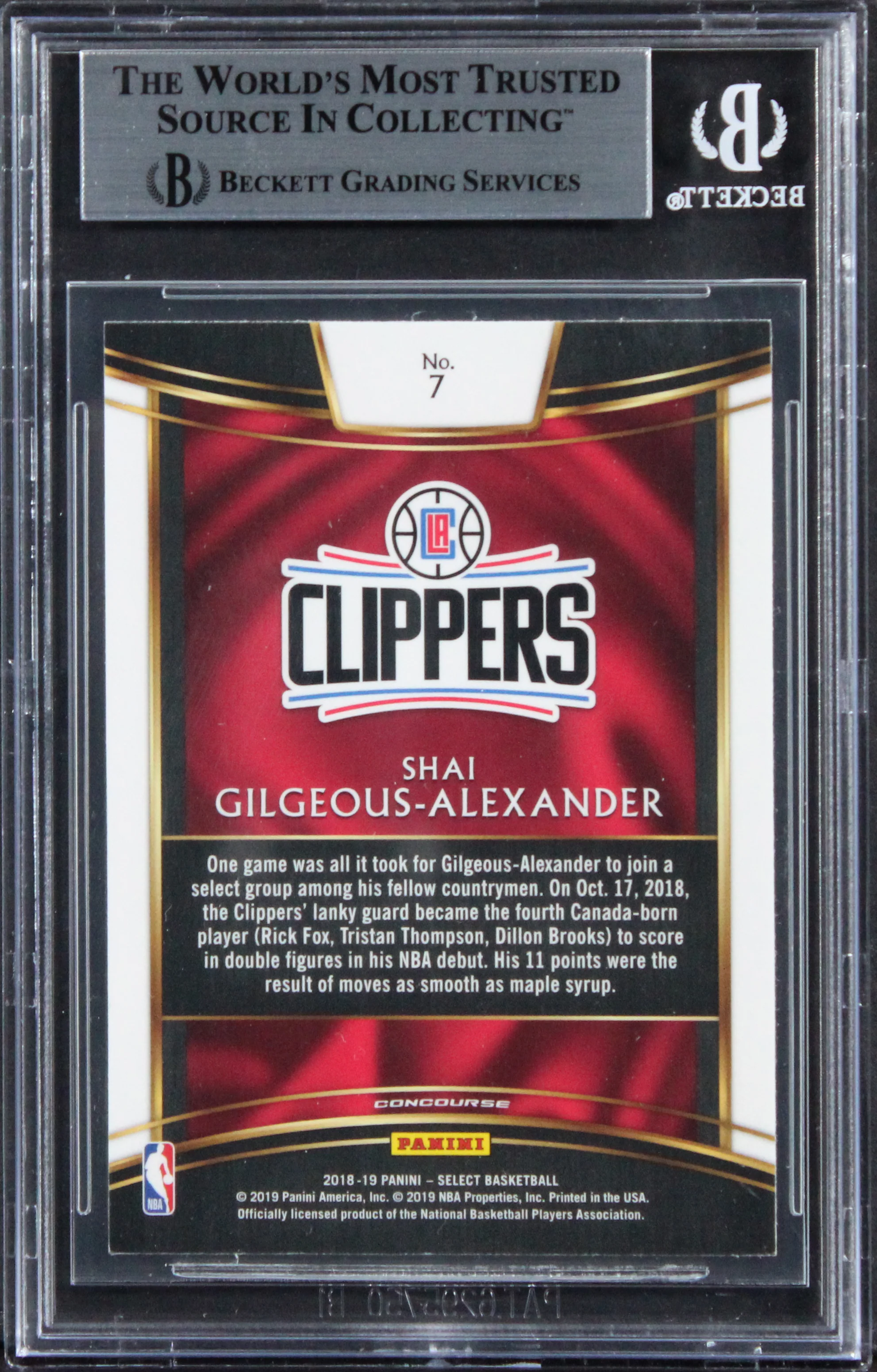 Clippers Shai Gilgeous-Alexander Signed 2018 Select #7 Rookie Card BAS Slabbed - Image 3