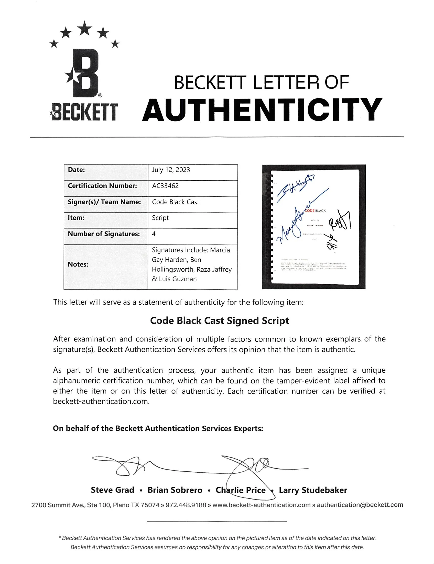 Code Black Cast (4) Harden, Hollingsworth +2 Signed Movie Script BAS #AC33462 - Image 3