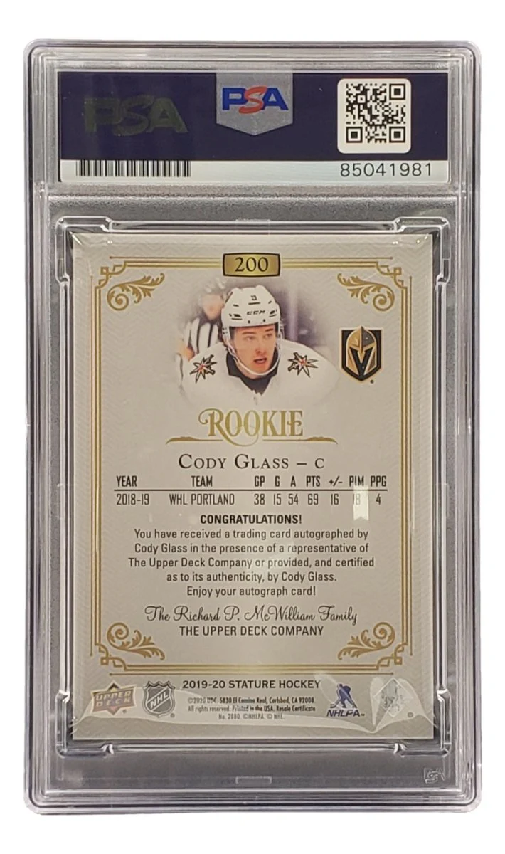 Cody Glass Signed 2020 Upper Deck #200 Vegas Golden Knights Rookie Card PSA/DNA - Image 2