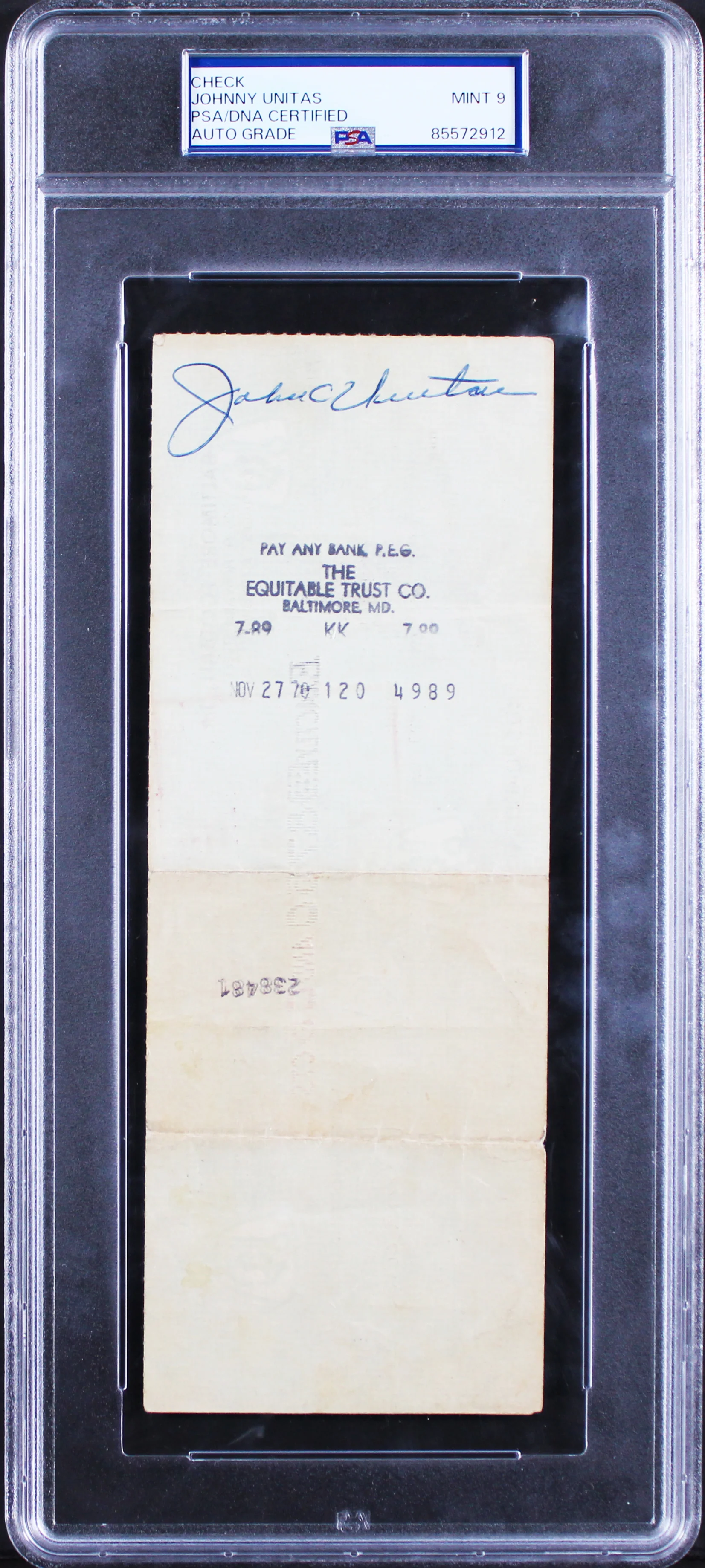 Colts Johnny Unitas Authentic Signed 1970 Payroll Check Auto 9! PSA/DNA Slabbed - Image 2