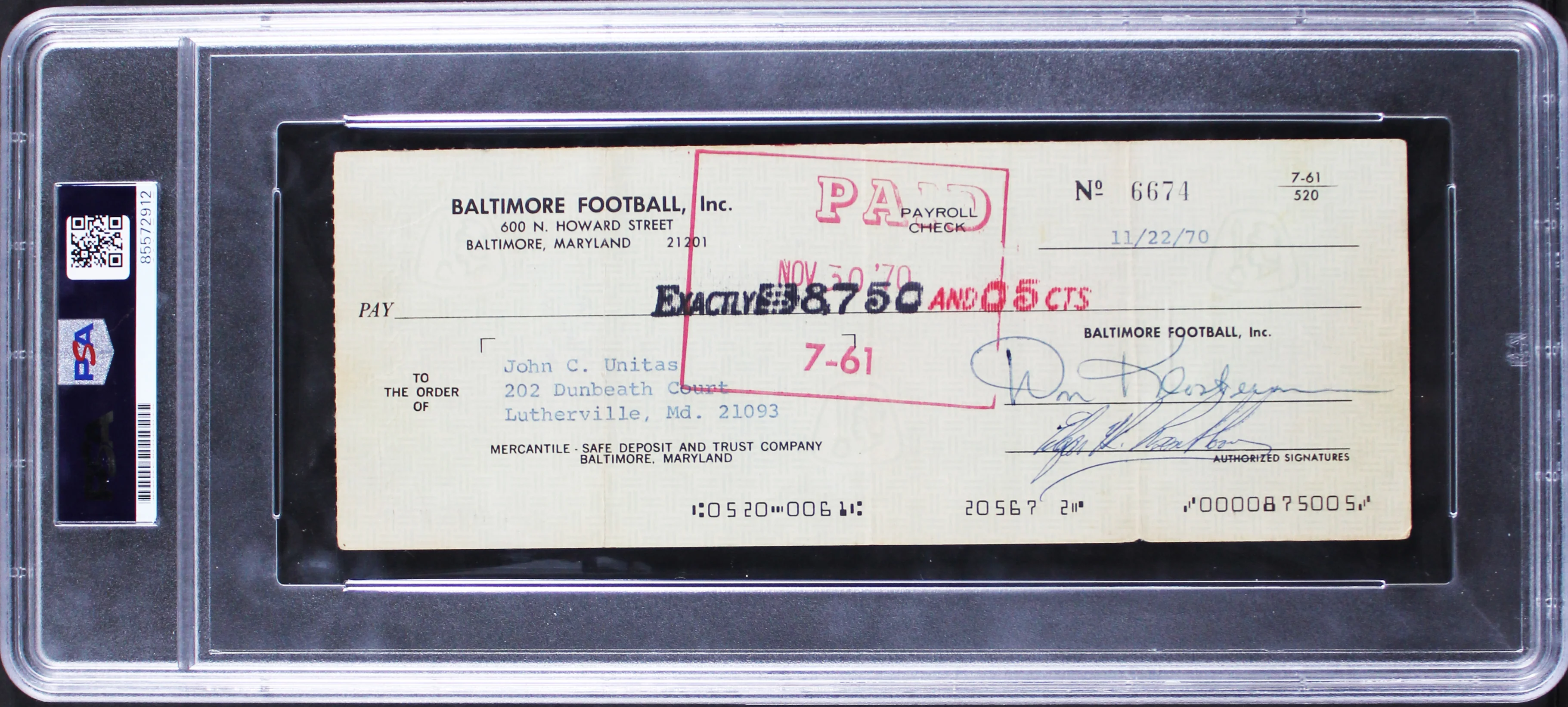 Colts Johnny Unitas Authentic Signed 1970 Payroll Check Auto 9! PSA/DNA Slabbed - Image 3