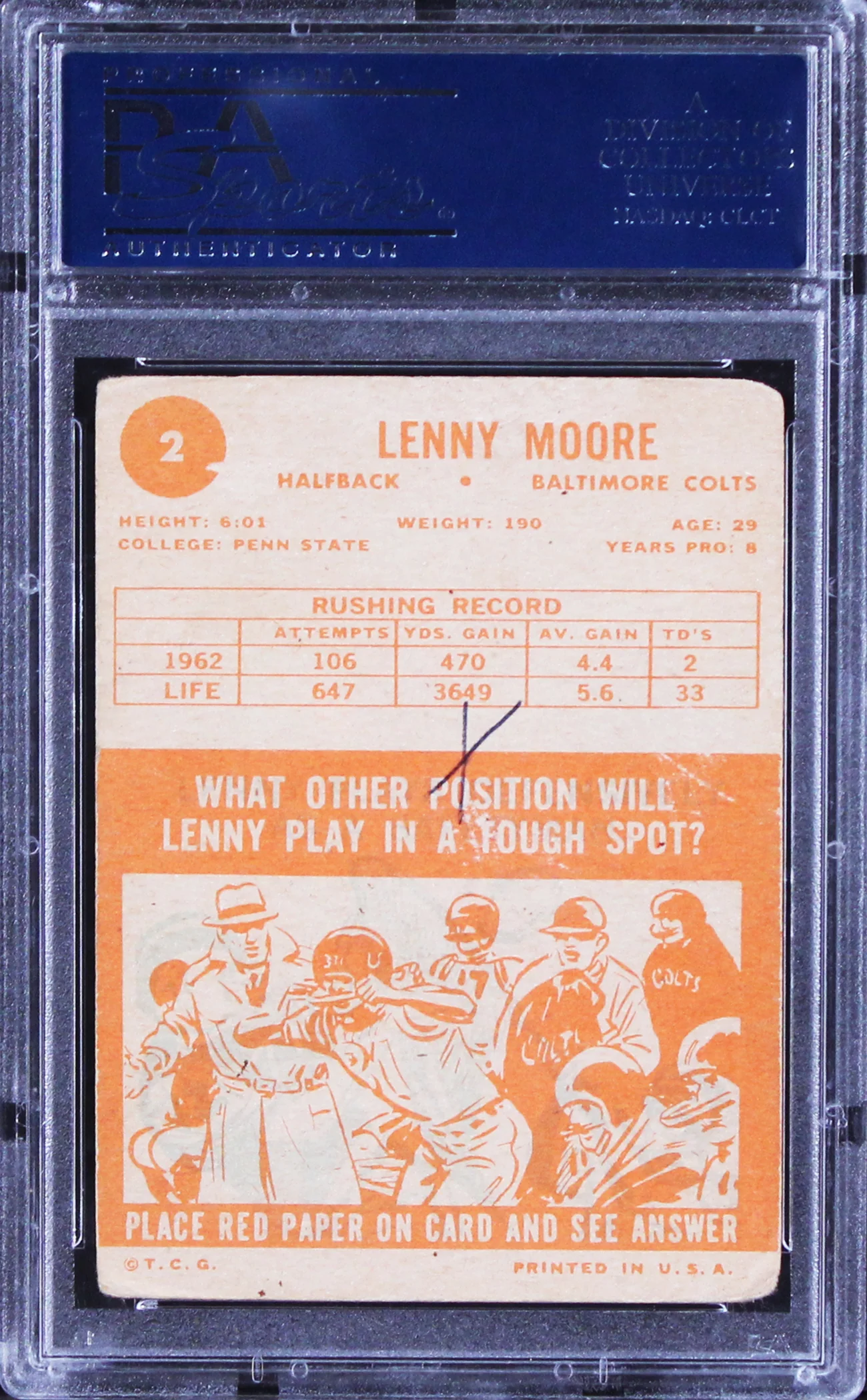 Colts Lenny Moore Authentic Signed 1963 Topps #2 Card PSA/DNA Slabbed - Image 3