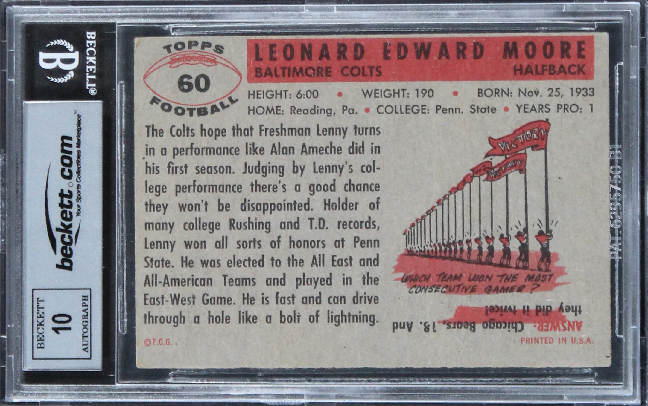 Colts Lenny Moore "HOF 75" Signed 1956 Topps #60 Rookie Card Auto 10 BAS Slab 2 - Image 3