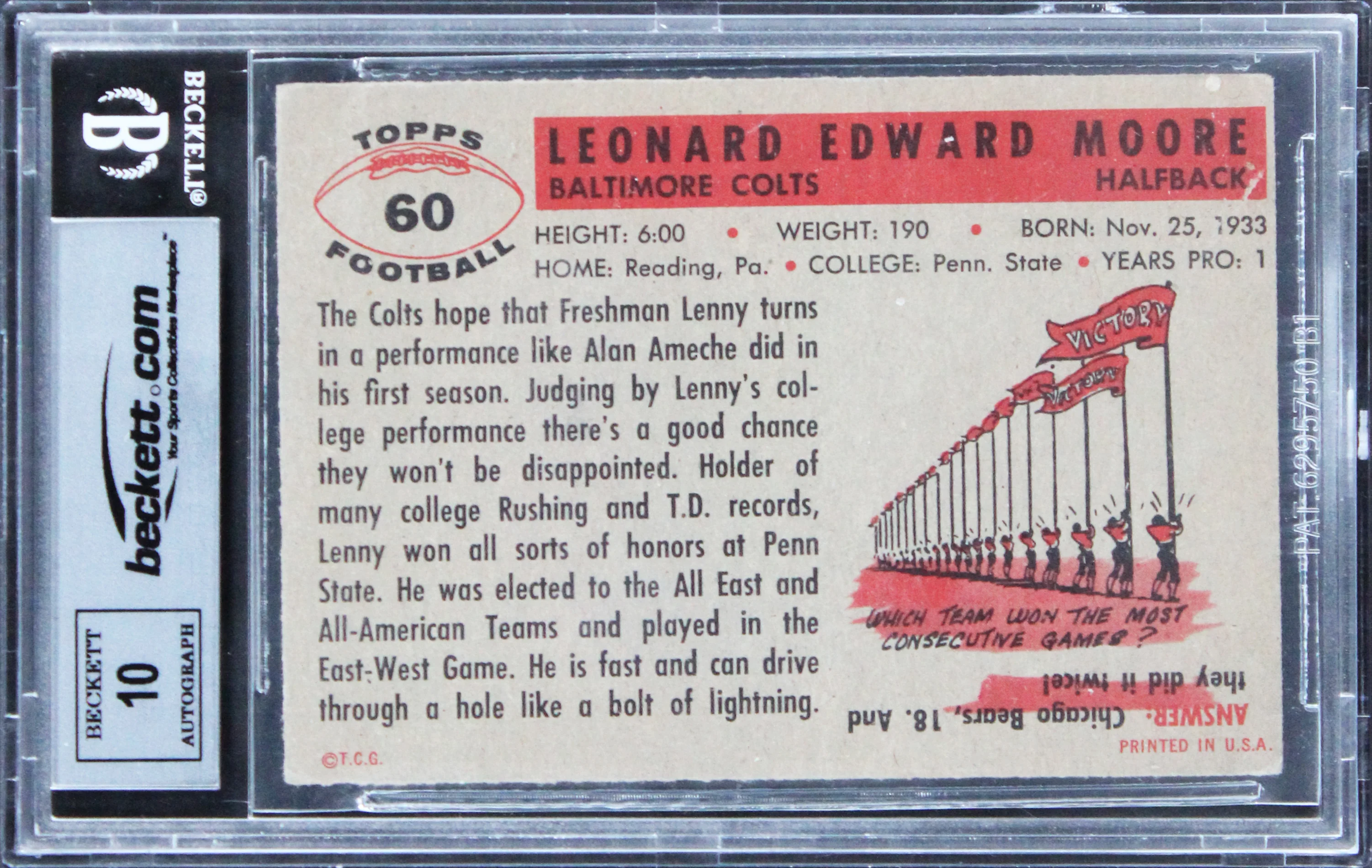 Colts Lenny Moore Signed 1956 Topps #60 Card Auto Graded Mint 10! BAS Slabbed - Image 3
