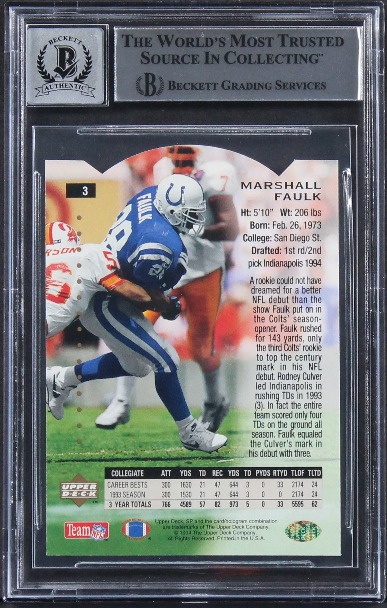Colts Marshall Faulk Signed 1994 SP Die Cuts #3 Rookie Card Auto 10! BAS Slabbed - Image 3