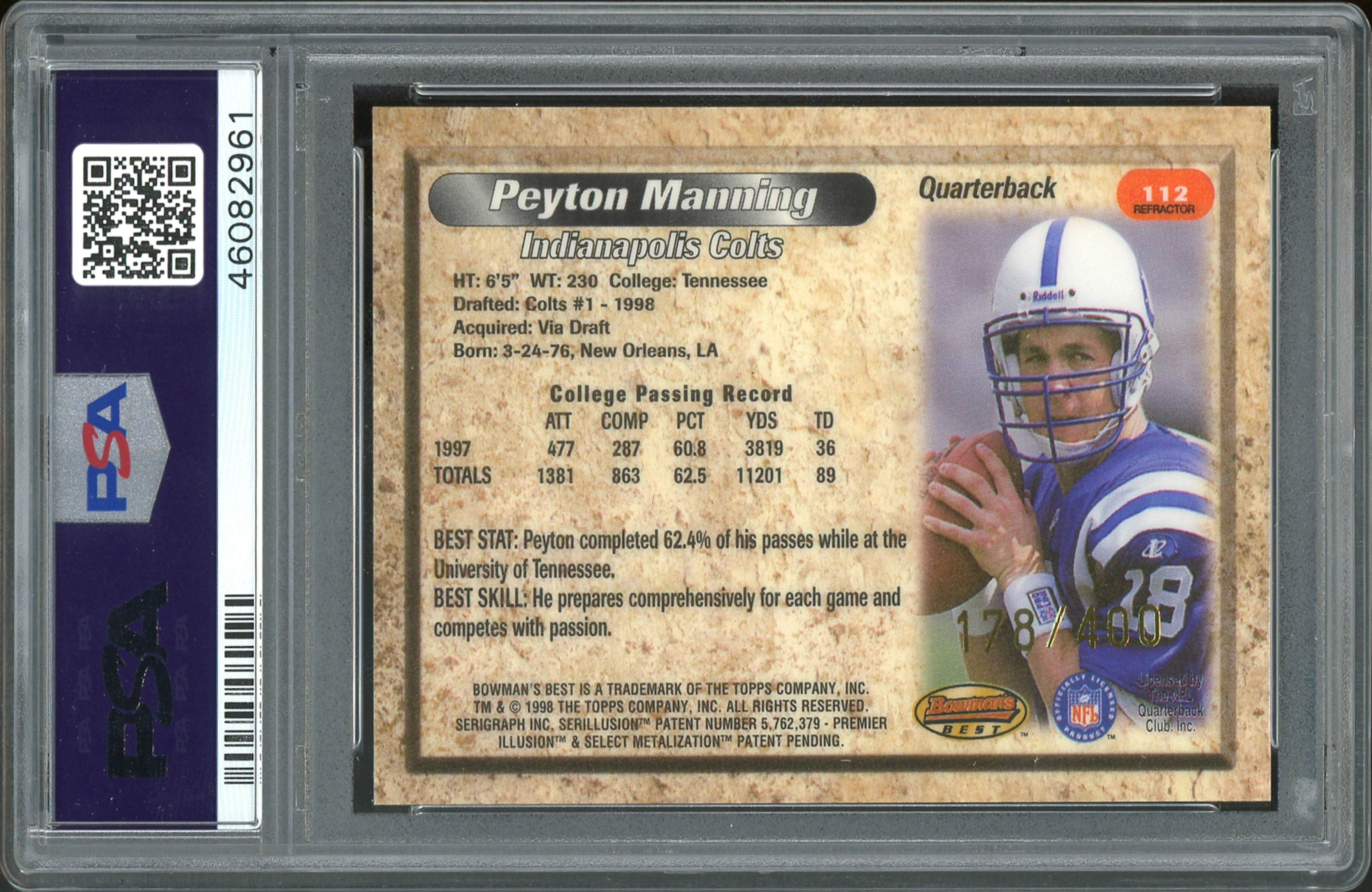 Colts Peyton Manning 1998 Bowman's Best #112 RC #178/400 Card Gem 10 PSA Slab - Image 3