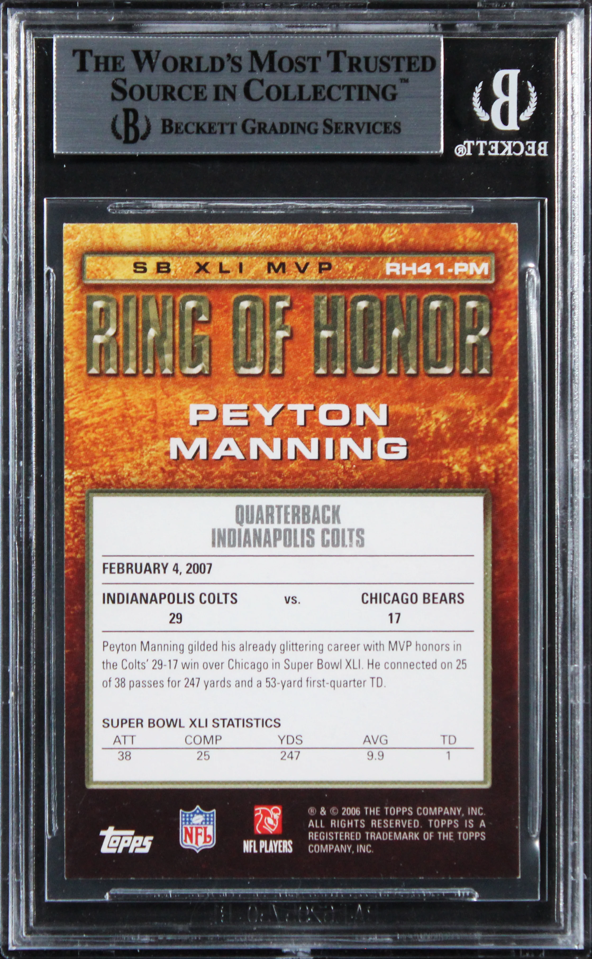 Colts Peyton Manning Authentic 2007 Topps #RH41 Card Autographed BAS Slabbed - Image 3