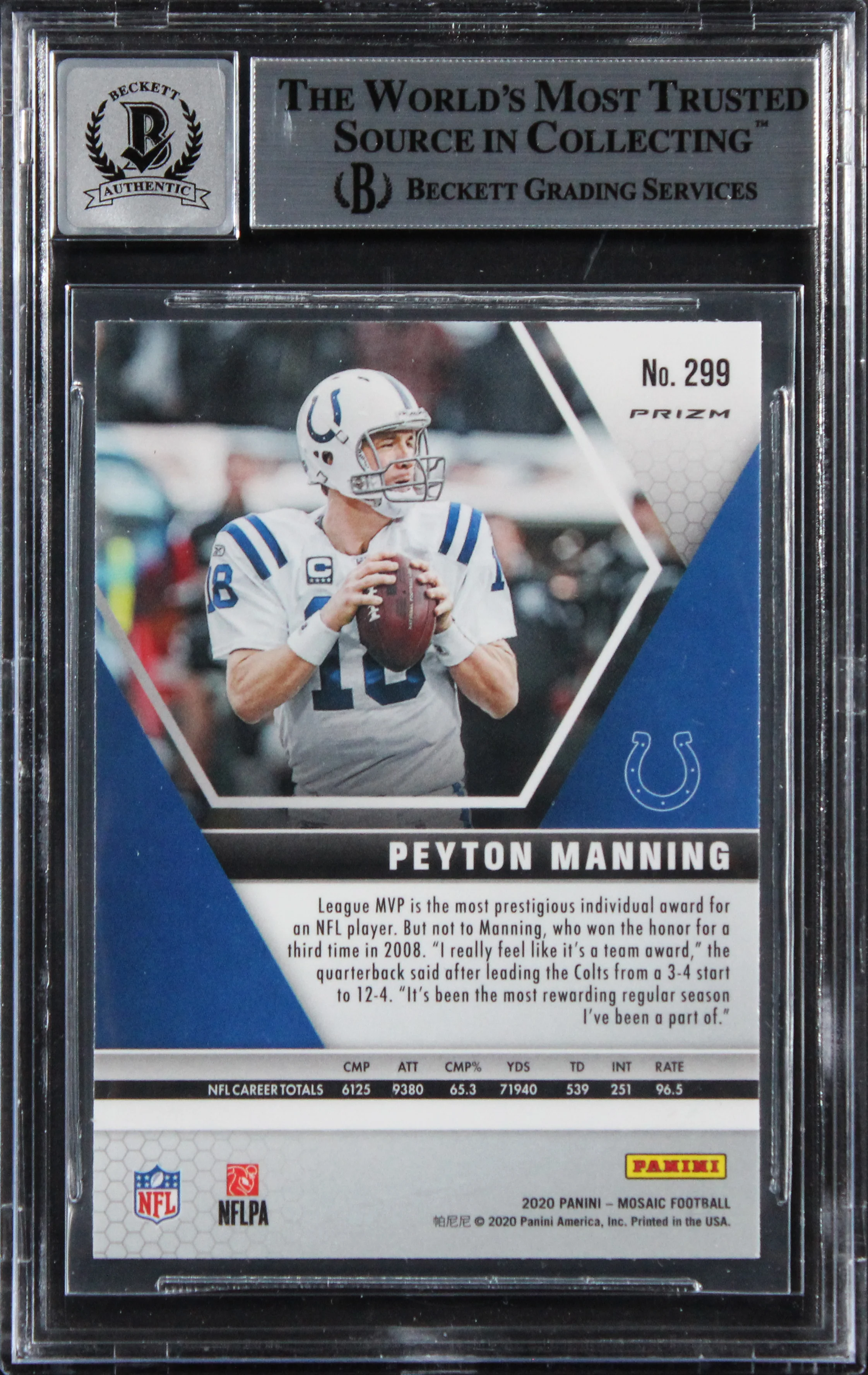Colts Peyton Manning Signed 2020 Panini Mosaic #299 Card Auto 10! BAS Slabbed - Image 3