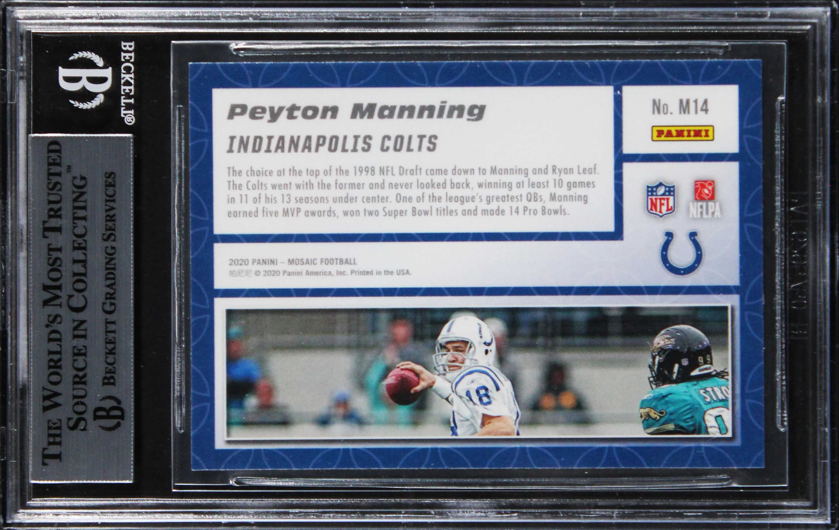 Colts Peyton Manning Signed 2020 Panini Mosaic Montage #14 Card BAS Slabbed - Image 3
