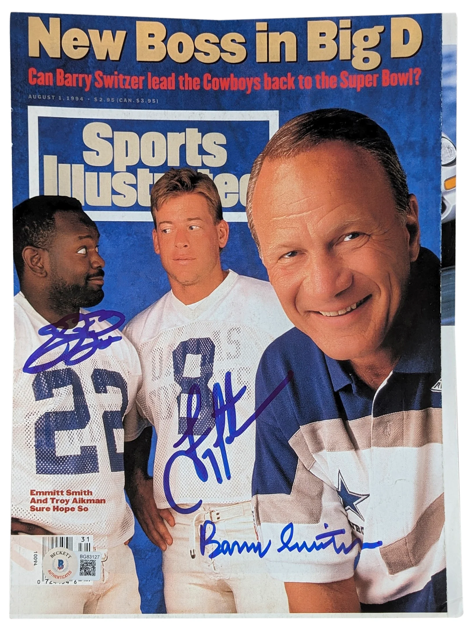 Cowboys (3) Smith, Aikman & Switzer Signed 1994 SI Magazine Cover BAS #BG83127 - Image 2
