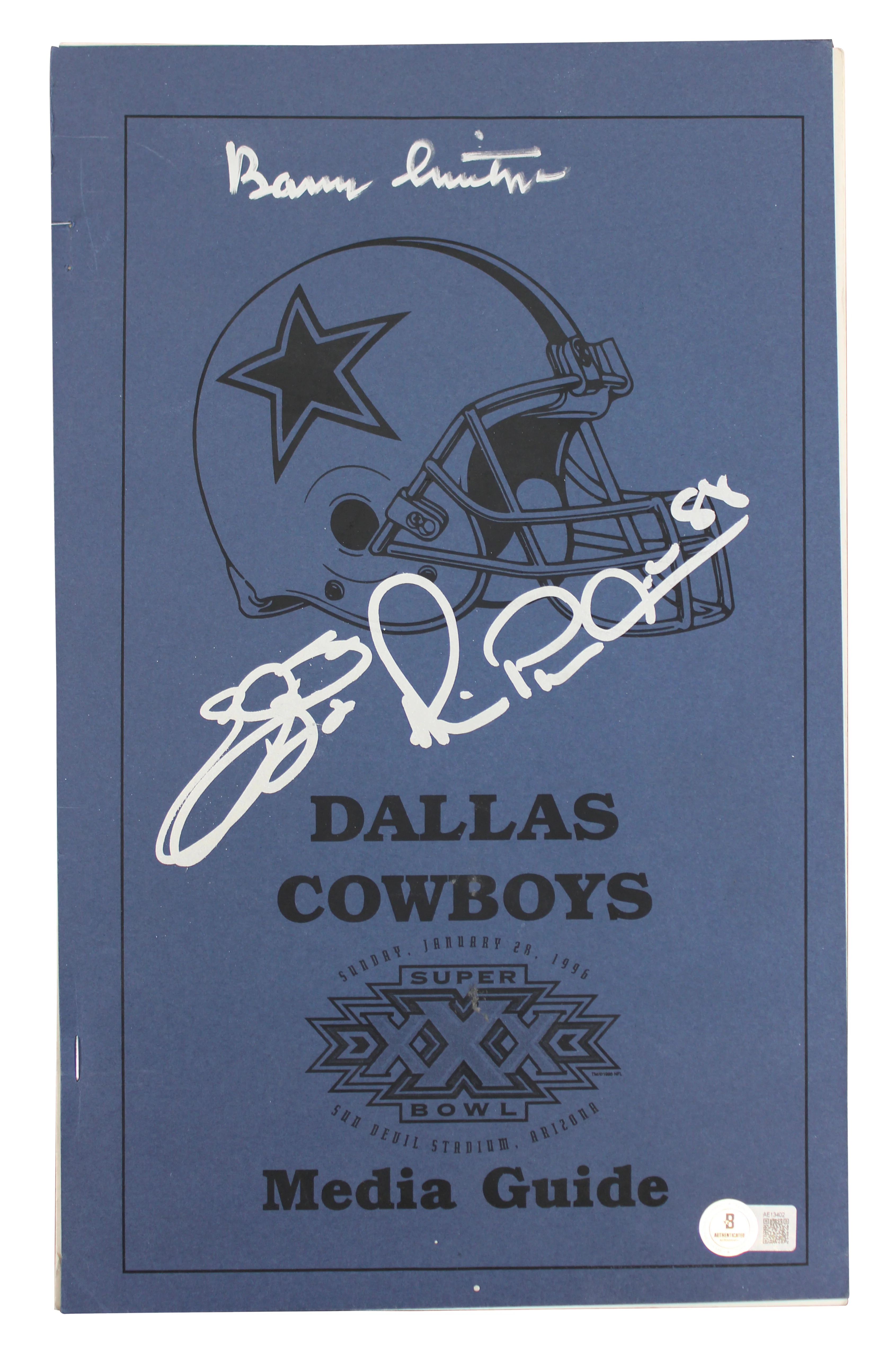 Cowboys (3) Smith, Irvin & Switzer Signed SB XXX Media Guide BAS #AE13402 - Image 2