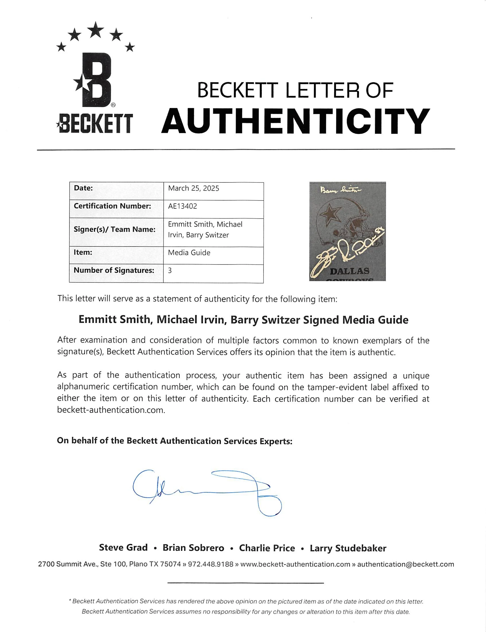 Cowboys (3) Smith, Irvin & Switzer Signed SB XXX Media Guide BAS #AE13402 - Image 7