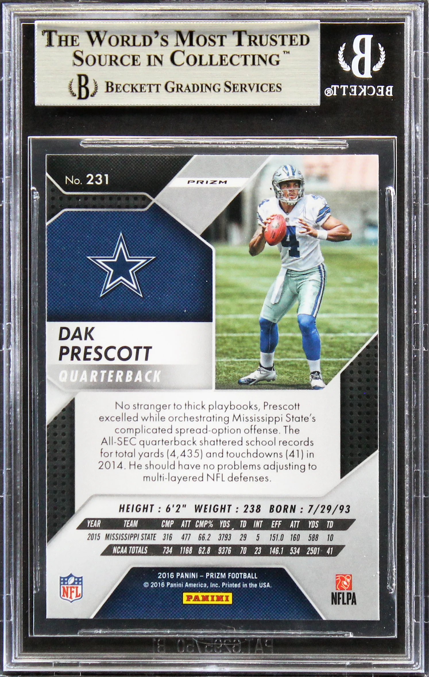Cowboys Dak Prescott Signed 2016 Panini Prizm #231 Rookie Card BAS Slabbed - Image 3