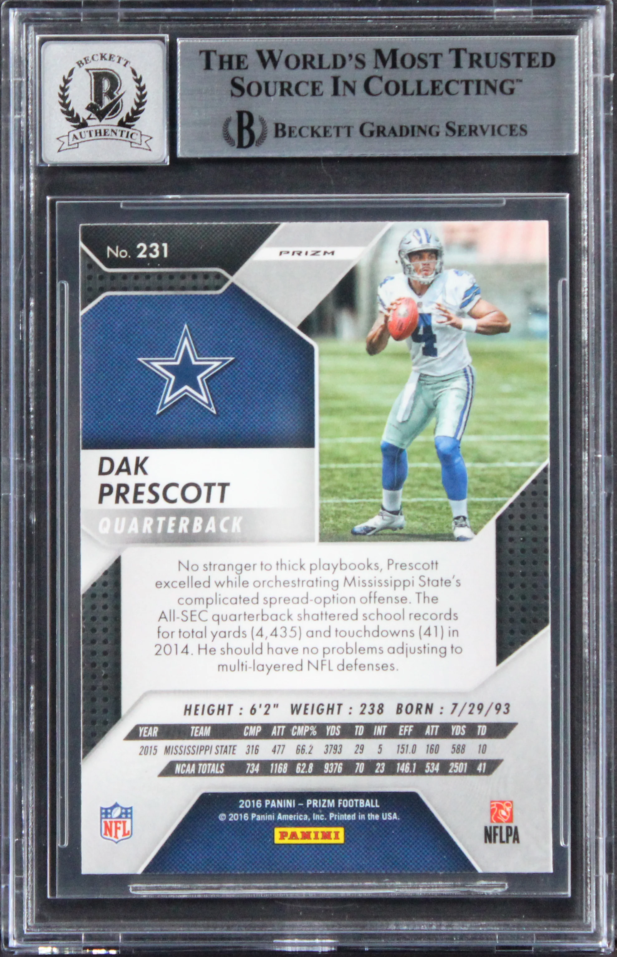 Cowboys Dak Prescott Signed 2016 Panini Prizm F #231 RC Card Auto 10! BAS Slab - Image 3