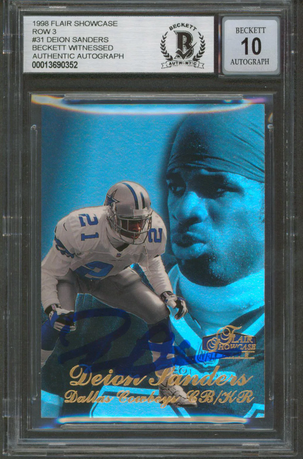 Cowboys Deion Sanders Signed 1998 Flair Showcase Row 3 #31 Card Auto 10 BAS Slab - Image 2