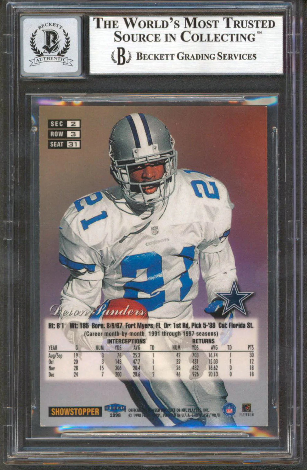 Cowboys Deion Sanders Signed 1998 Flair Showcase Row 3 #31 Card Auto 10 BAS Slab - Image 3