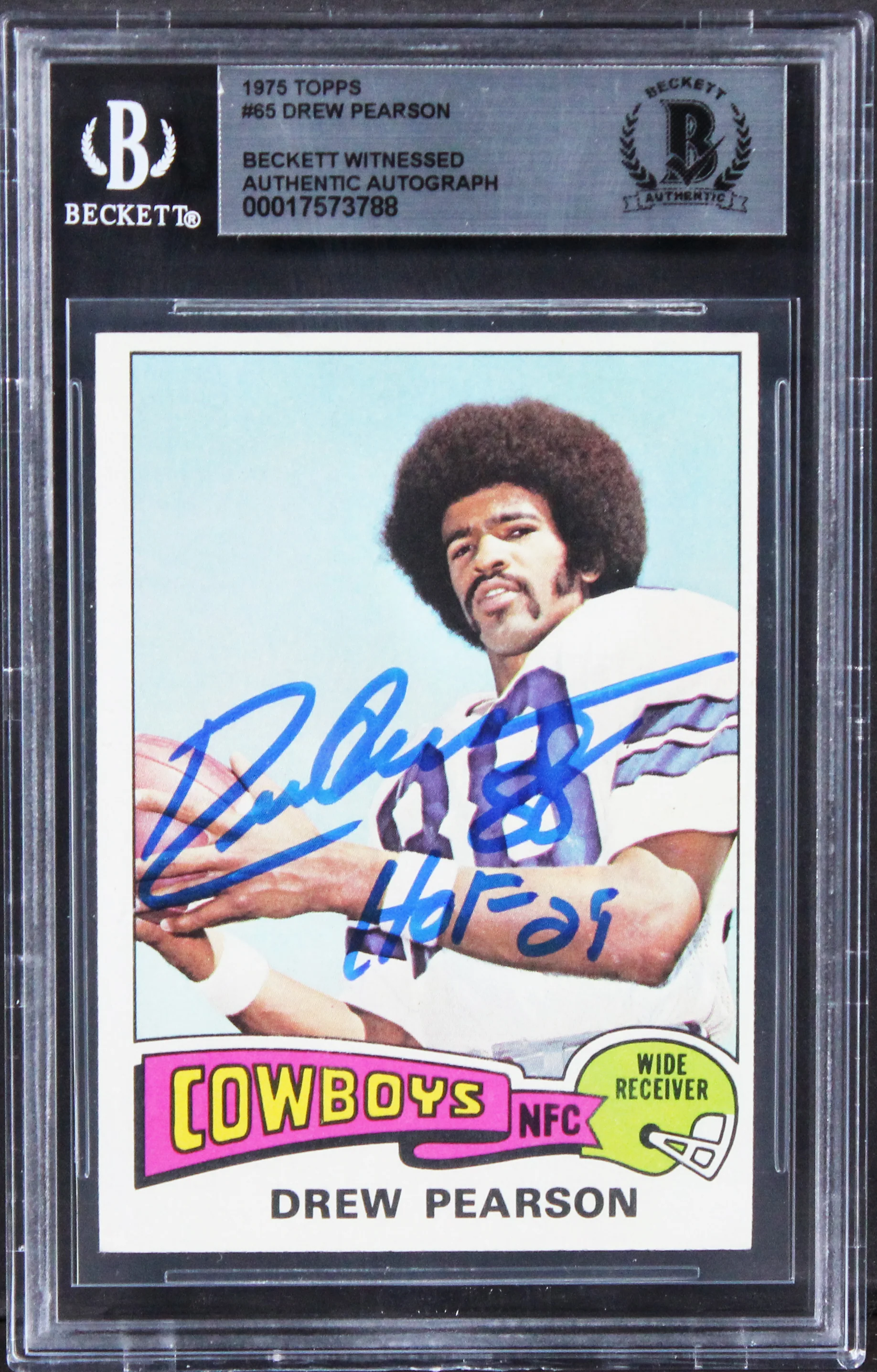 Cowboys Drew Pearson "HOF 21" Authentic Signed 1975 Topps #65 Card BAS Slabbed 1 - Image 2